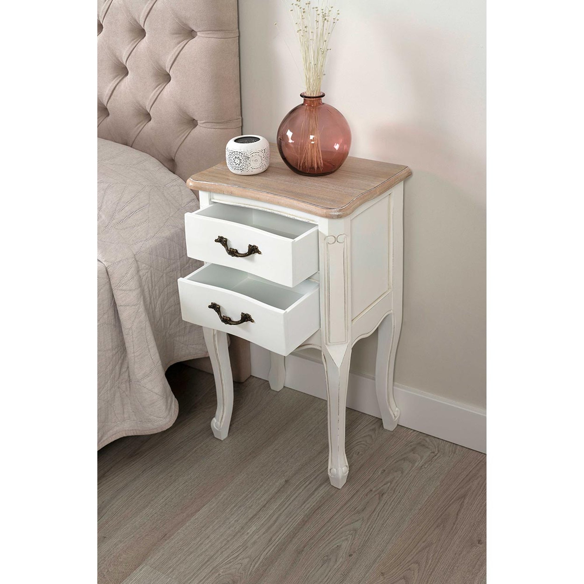 Mesita de noche Romantica Provenza 2 cajones 67 x 40 x 30 cm, madera natural lavada  Interni Bianco & Oro vista5
