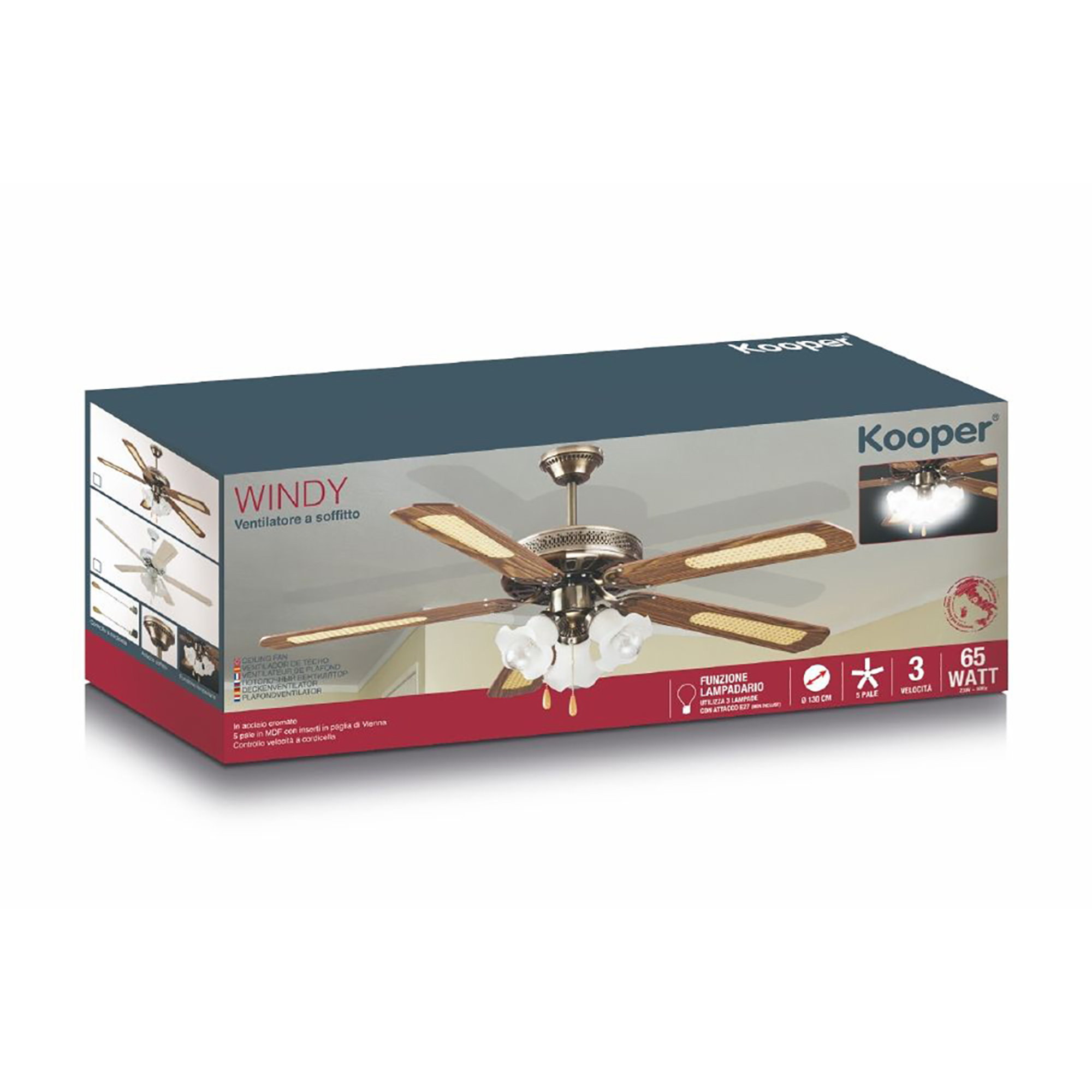 Ventilatore soffitto 130cm 5 pale c/3 luci 3 vel Windy Kooper vista4
