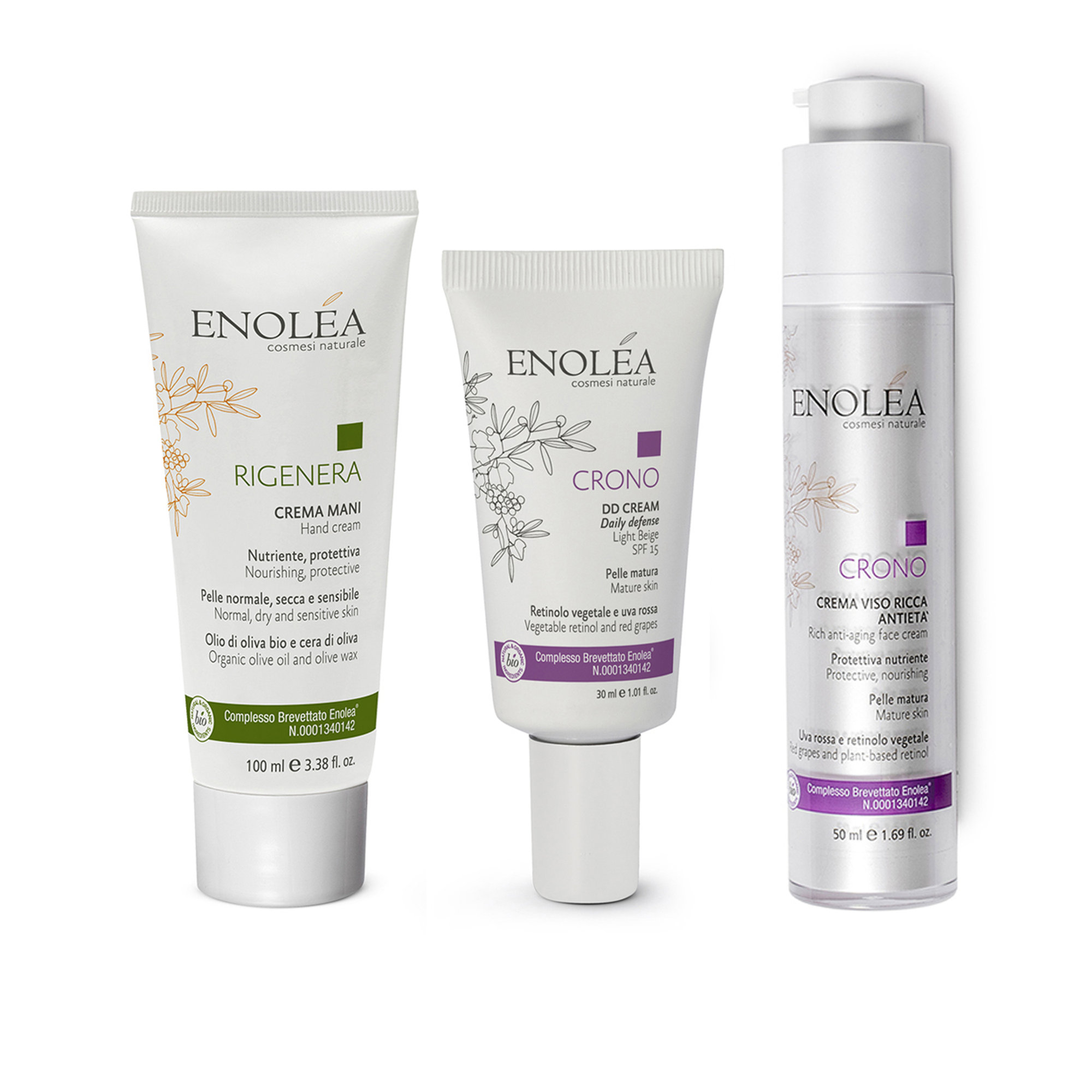Set Luminosità e Antietà per viso e mani (Crema ricca viso CRONO- DD Cream SPF15 CRONO - Crema mani RIGENERA) Enolea vista0