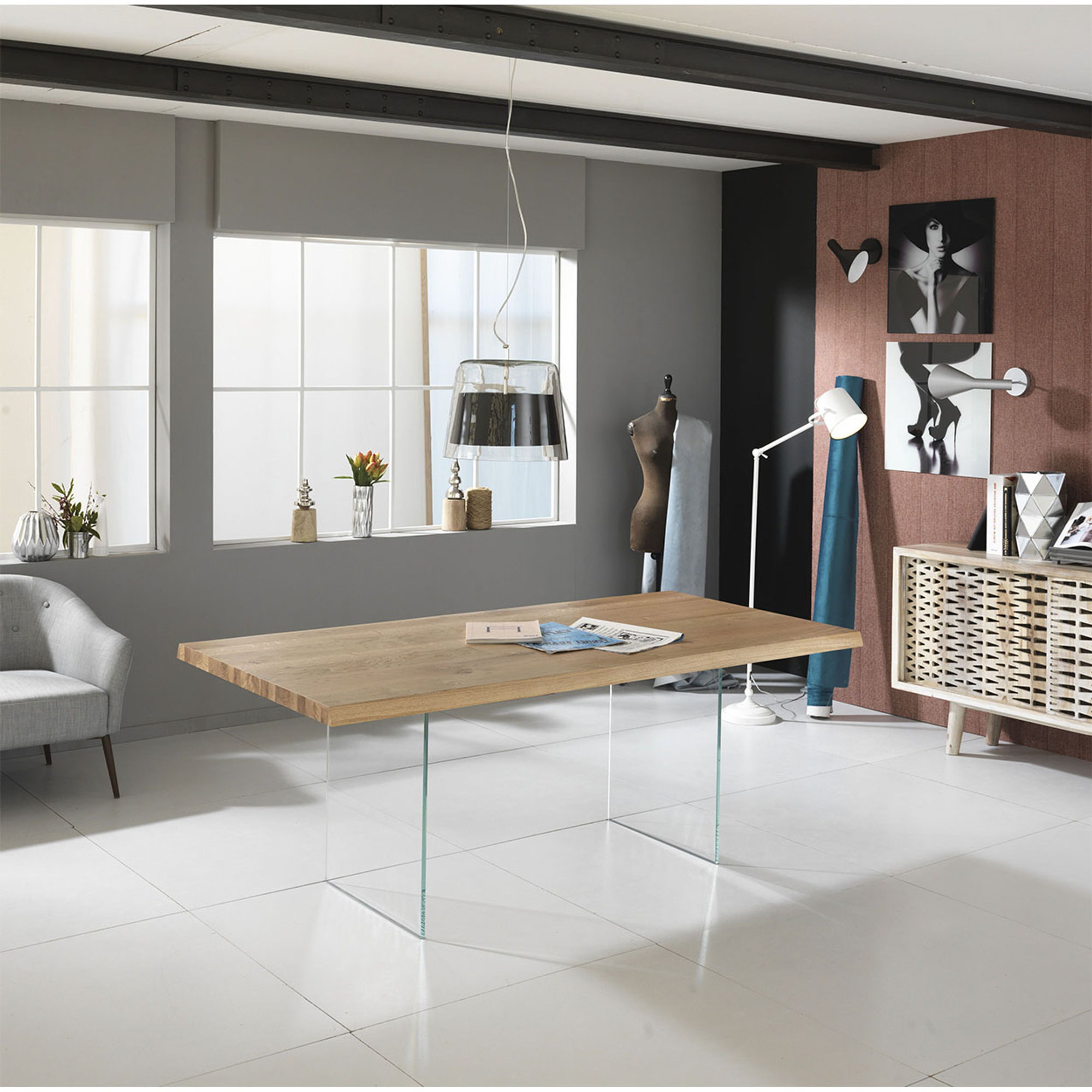 Tavolo Fisso (200 x 76 H cm), rovere/trasparente Stones vista2
