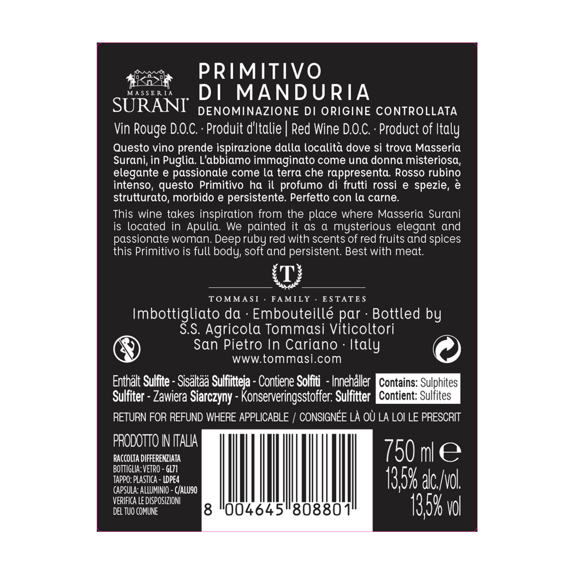 3 botellas mixtas: Primitivo di Manduria DOC 2019 - Negroamaro Rosè Puglia IGT 2022 - Fiano Puglia IGT 2021 Masseria Surani vista2