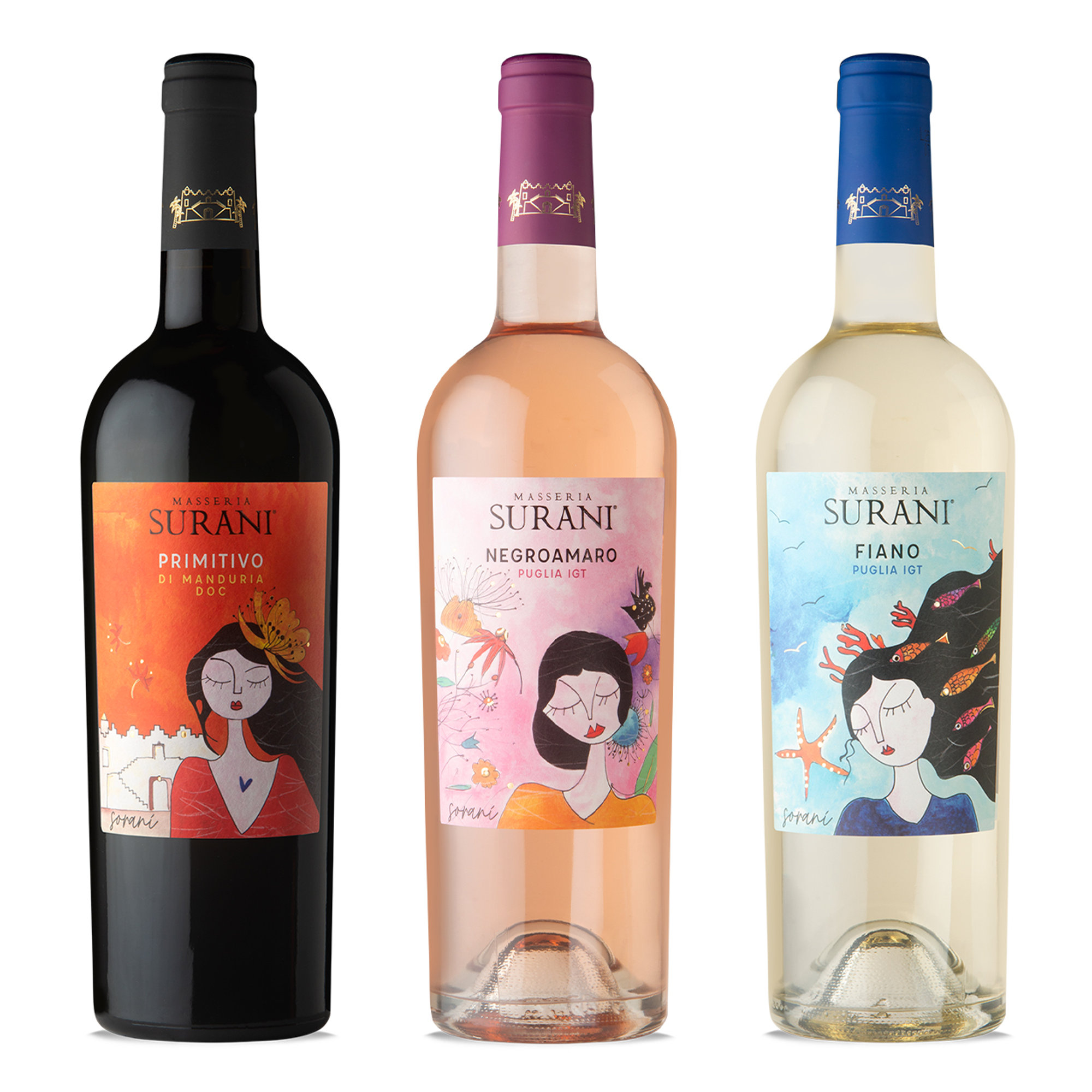 3 botellas mixtas: Primitivo di Manduria DOC 2019 - Negroamaro Rosè Puglia IGT 2022 - Fiano Puglia IGT 2021 Masseria Surani vista0