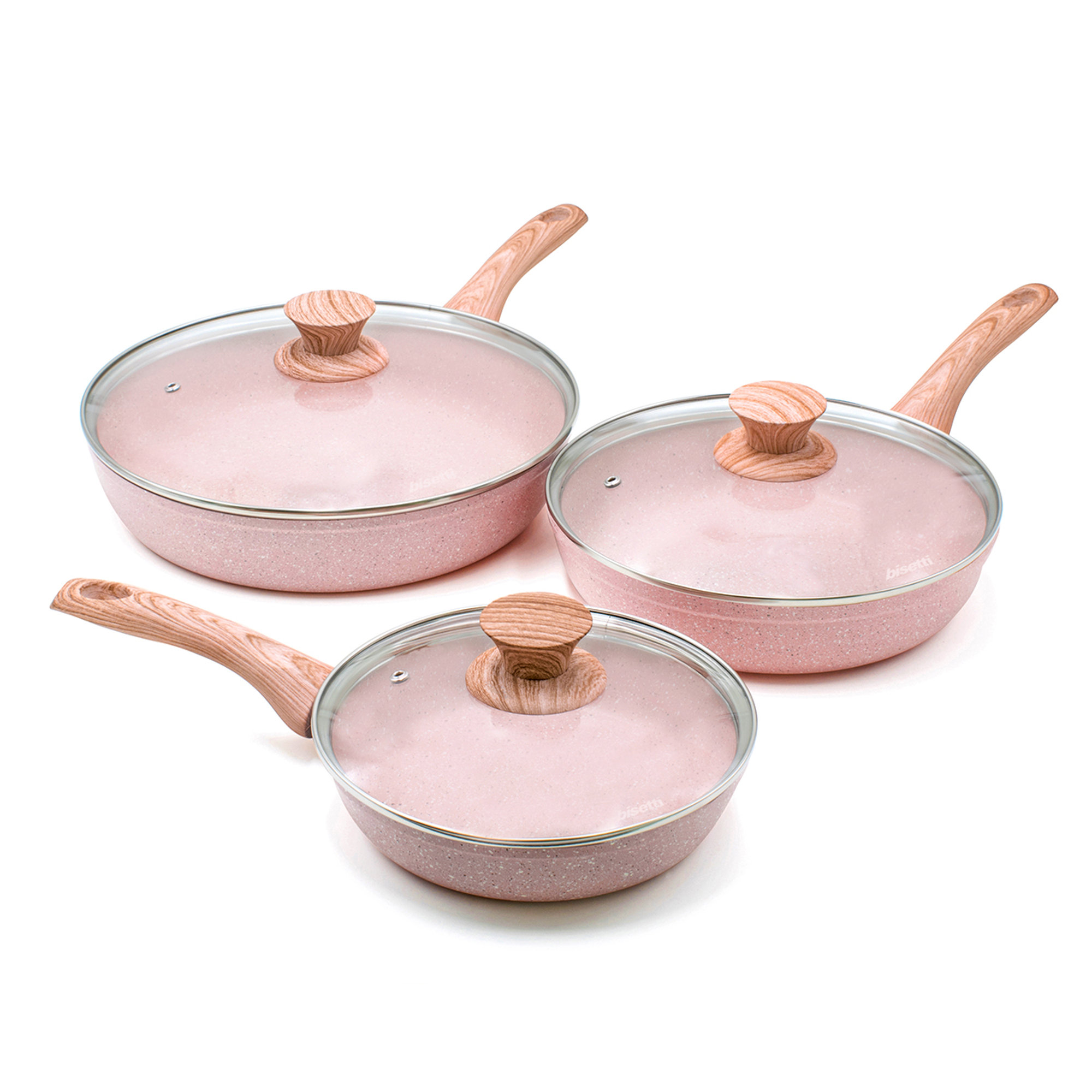 Ensemble de 6 pièces, poêle ø 20, 24, 28 cm avec couvercles « Stonerose », poignées design en bois de rose naturel Bisetti vista0
