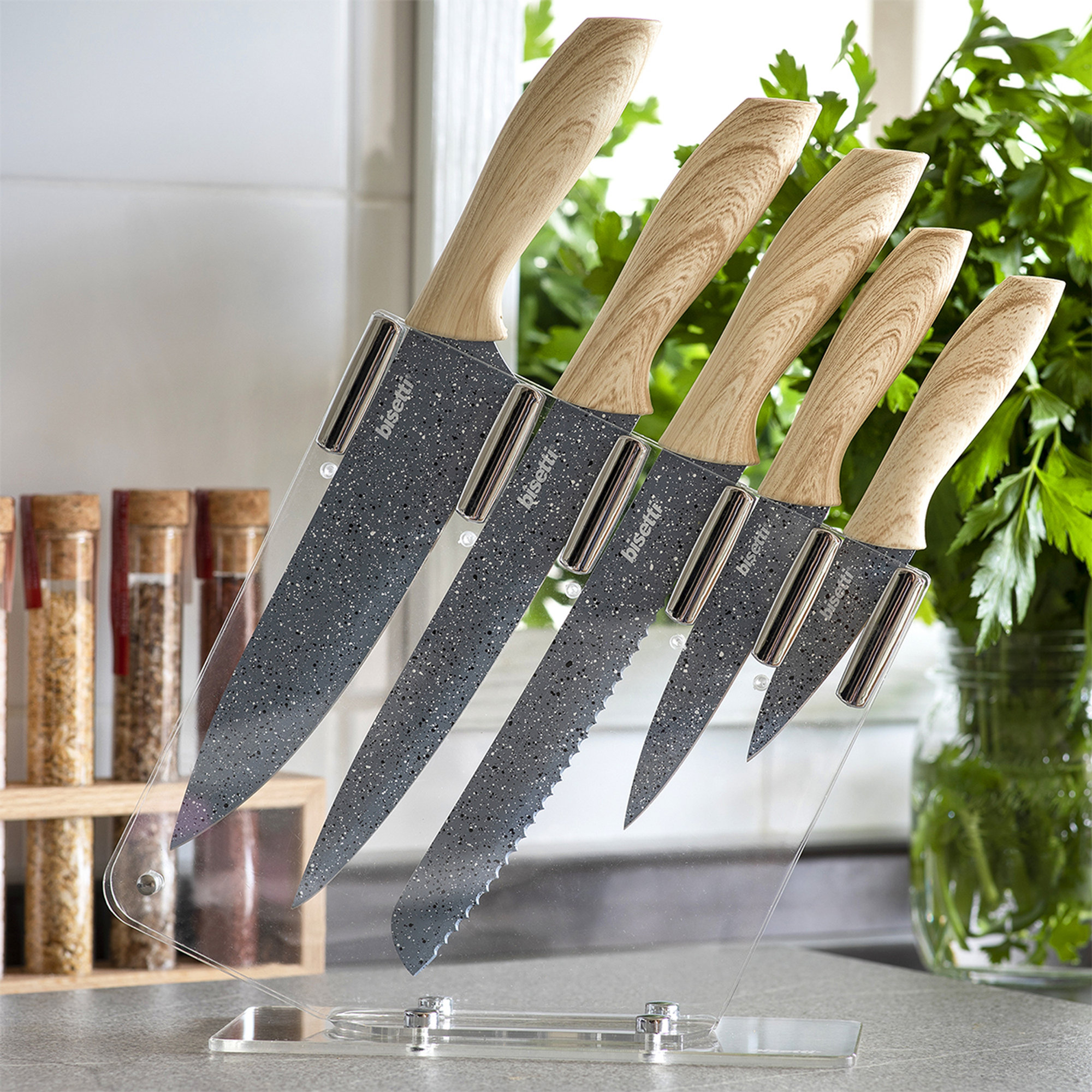 Set de 5 couteaux Pierre Gourmet - manches design en bois naturel Bisetti vista1