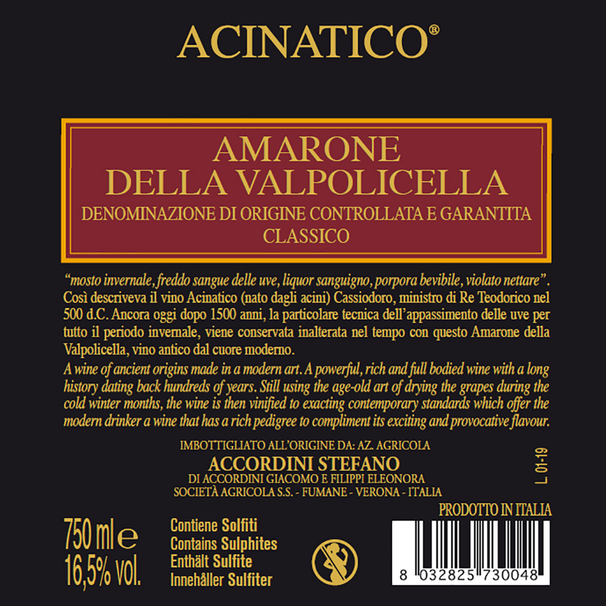 3 bottiglie Amarone della Valpolicella Classico Acinatico DOCG 2018 Accordini vista1