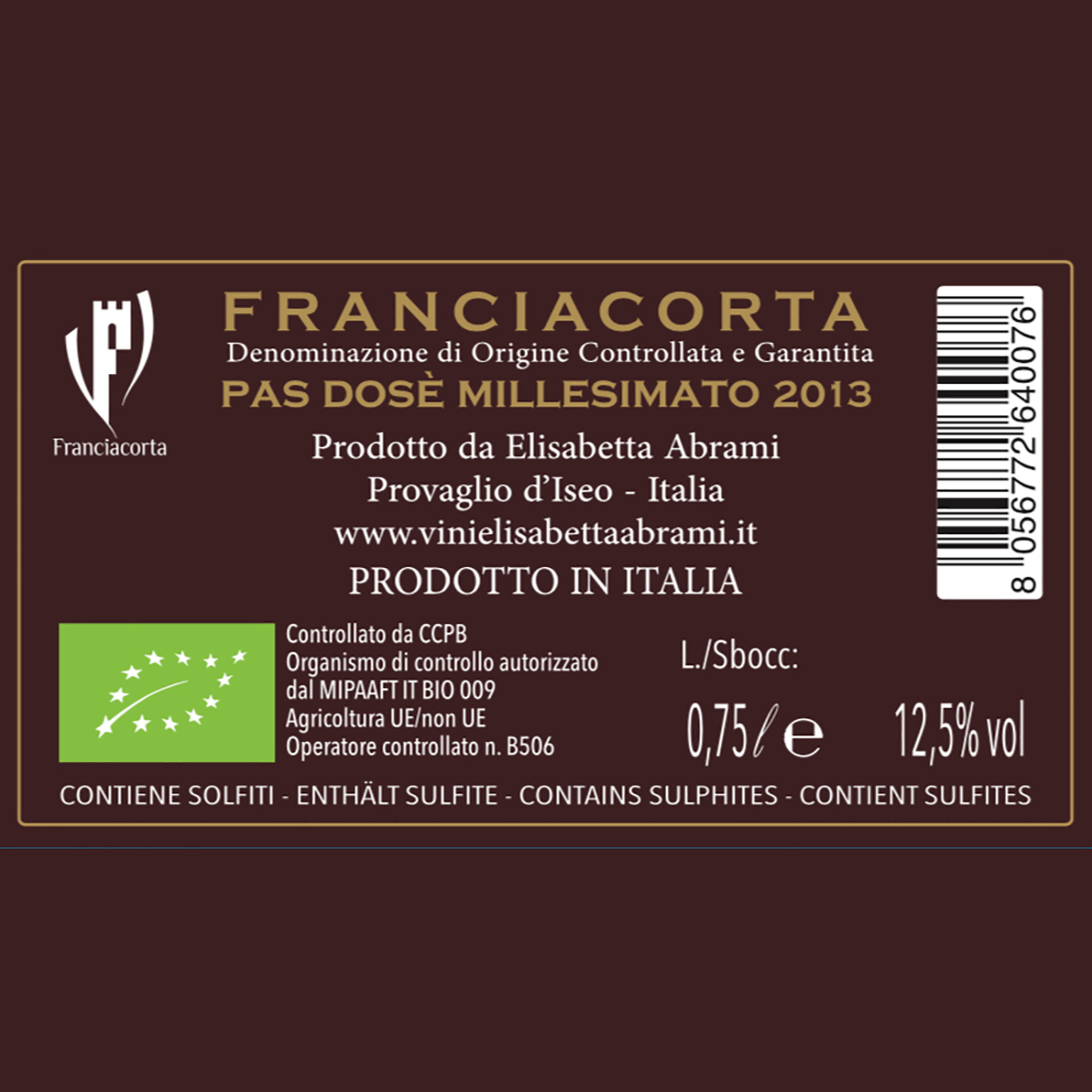 3 bottiglie Franciacorta Pas Dosè Millesimato DOCG da 0,75 lt Elisabetta Abrami vista1