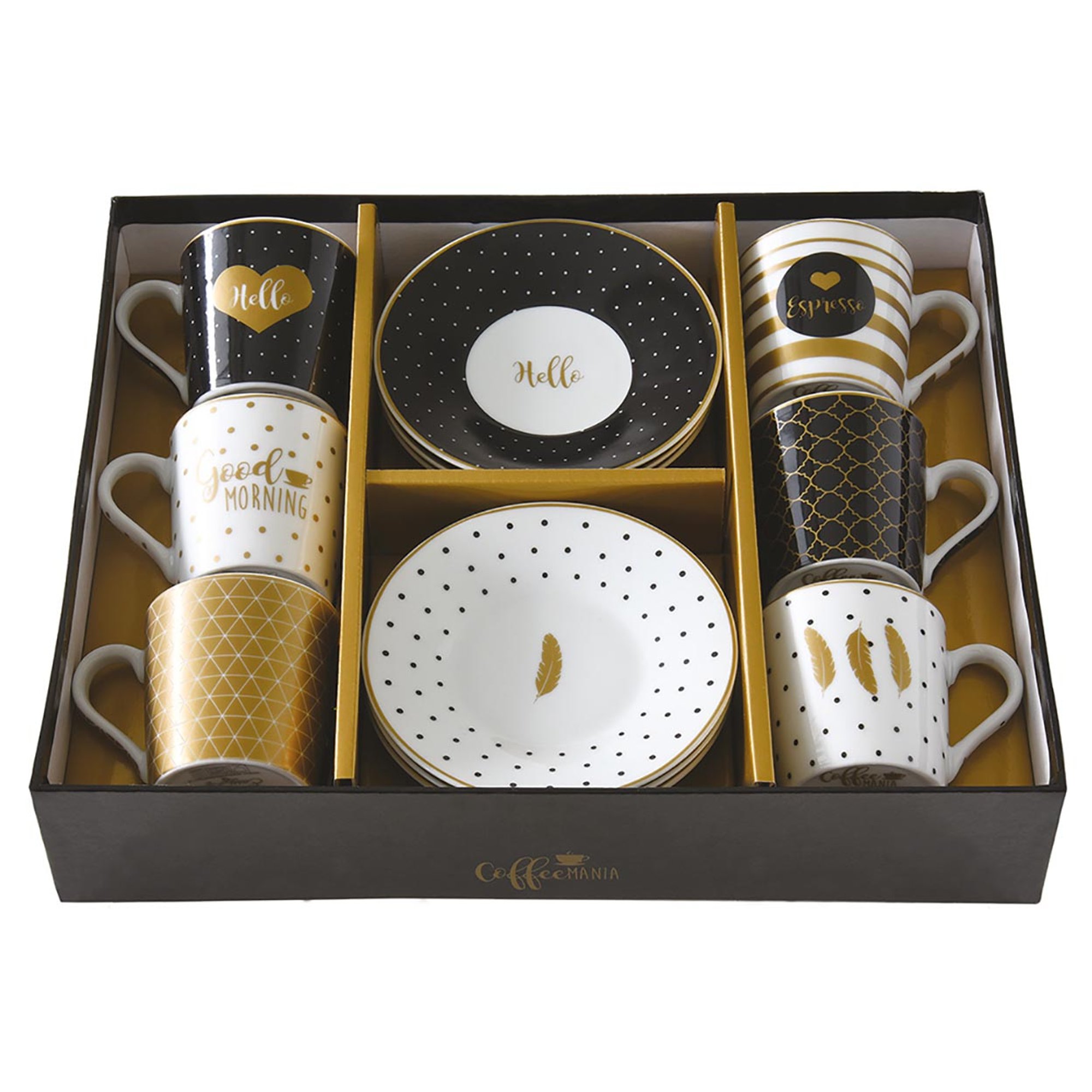 Ensemble de 6 tasses à café et soucoupes en porcelaine 100 ml dans un coffret cadeau COFFEE MANIA GOOD MORNING Easy life vista0