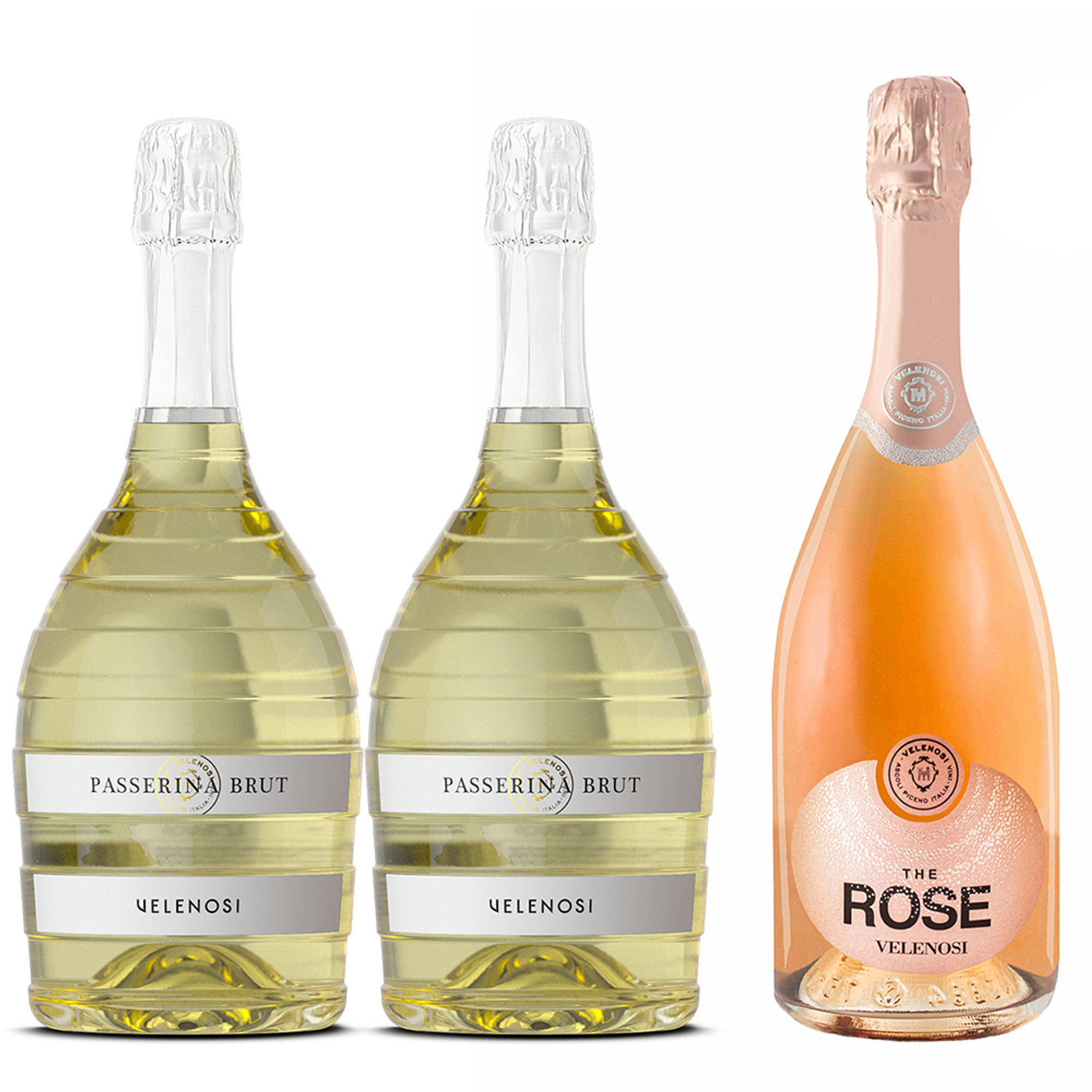 3 bottiglie miste: 2 Passerina Metodo Charmat - 1 The Rose Metodo Classico Velenosi vista0