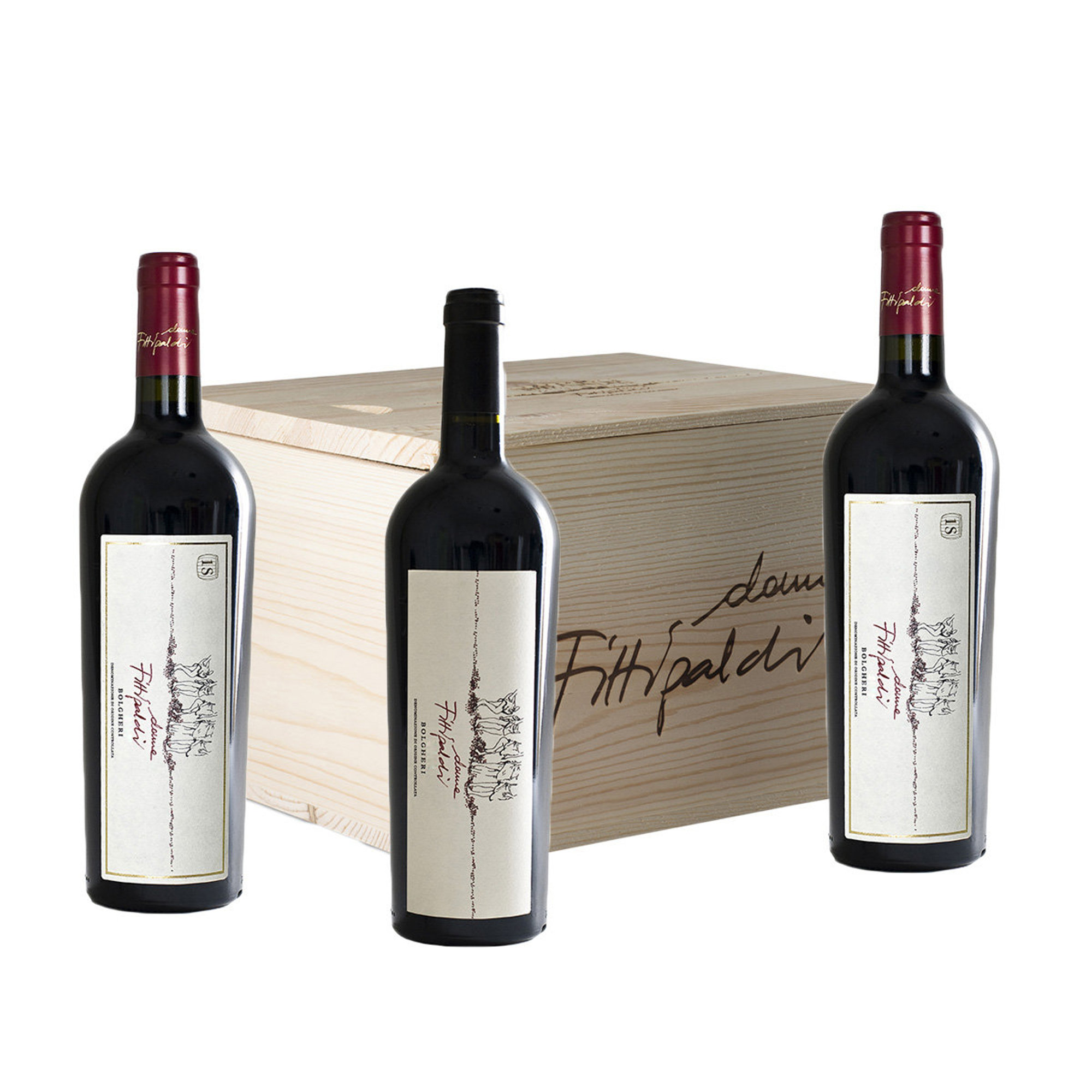 3 gemischte Flaschen in Holzkiste: 2 Bolgheri DOC Superiore 2019 - 1 Bolgheri DOC 2020 Donne Fittipaldi vista0