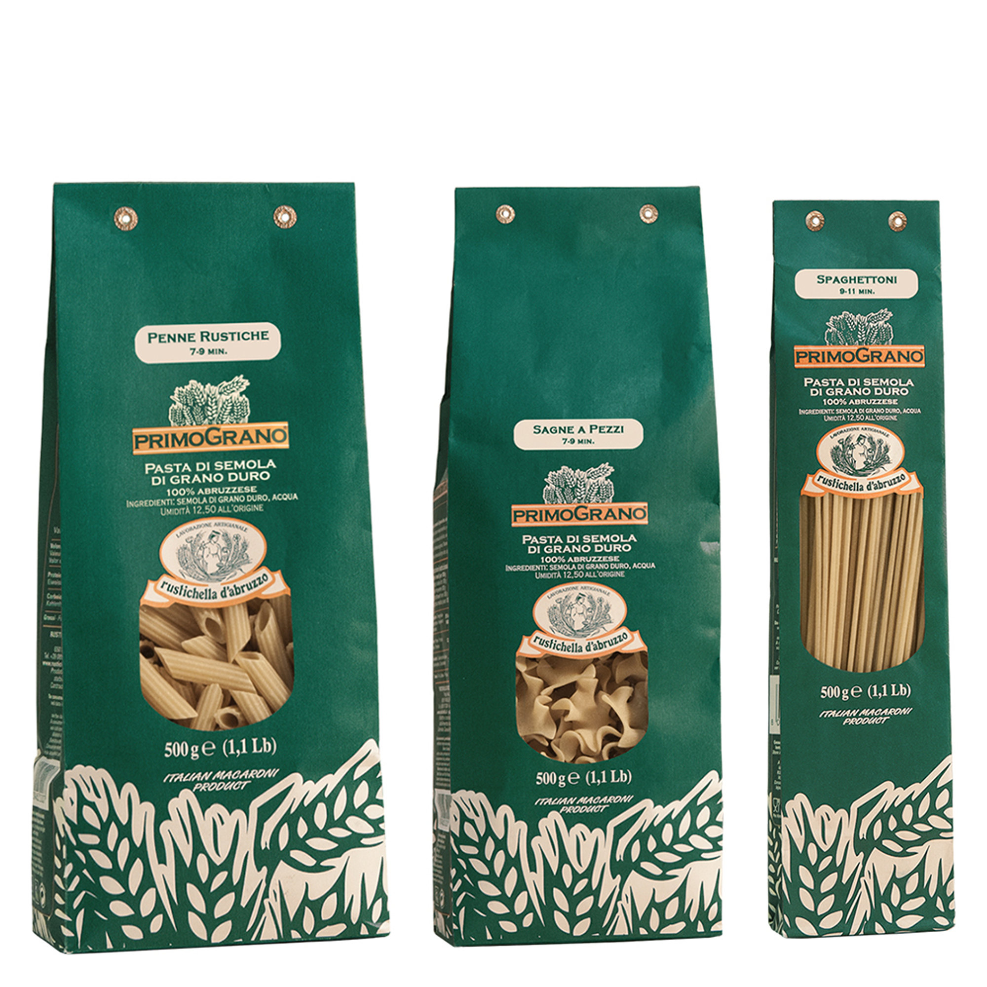 Mix 6 confezioni: 2 Sagne a pezzi primograno 100% abruzzese 500 gr - 2 Spaghettoni primograno 100% abruzzese 500 gr - 2 Penne rustiche primograno 100% abruzzese 500 gr Rustichella d'Abruzzo vista1