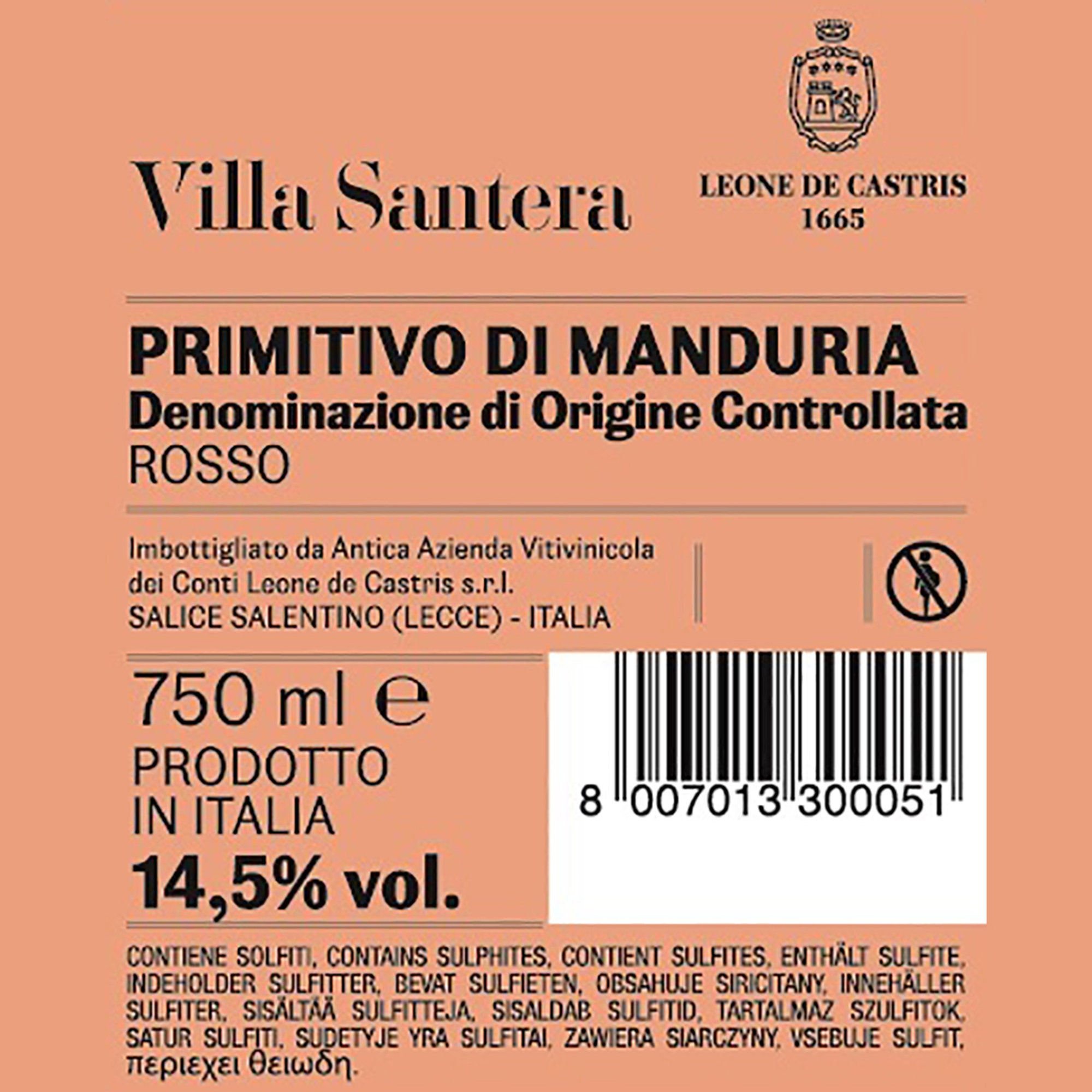 3 bottiglie - Villa Santera Primitivo di Manduria DOC 2019 Leone de Castris vista1