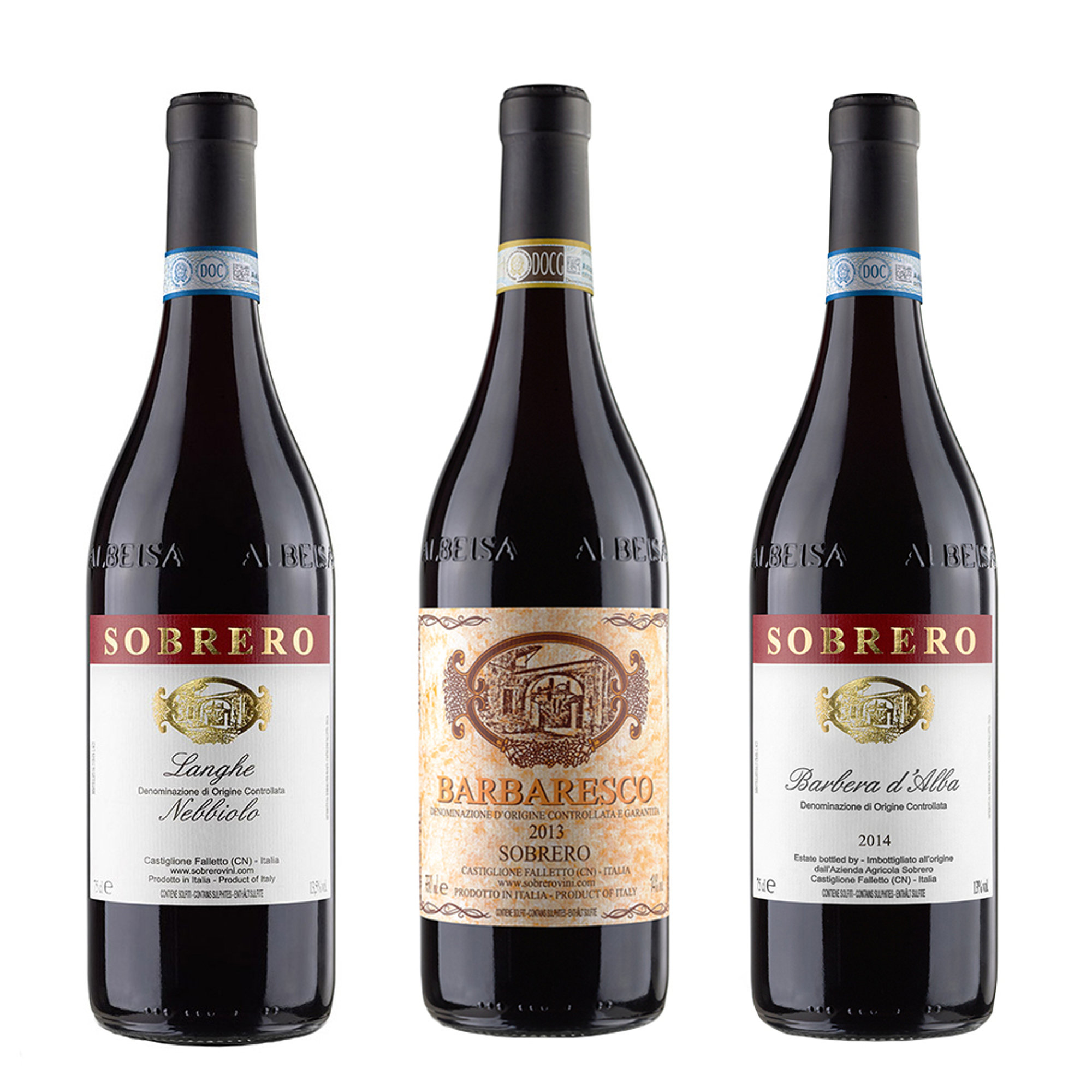 3 botellas mixtas: Langhe D.O.C. Nebbiolo 2014 - Barbaresco D.O.C.G. 2013 - Barbera d'Alba D.O.C. 2014 Sobrero vista0