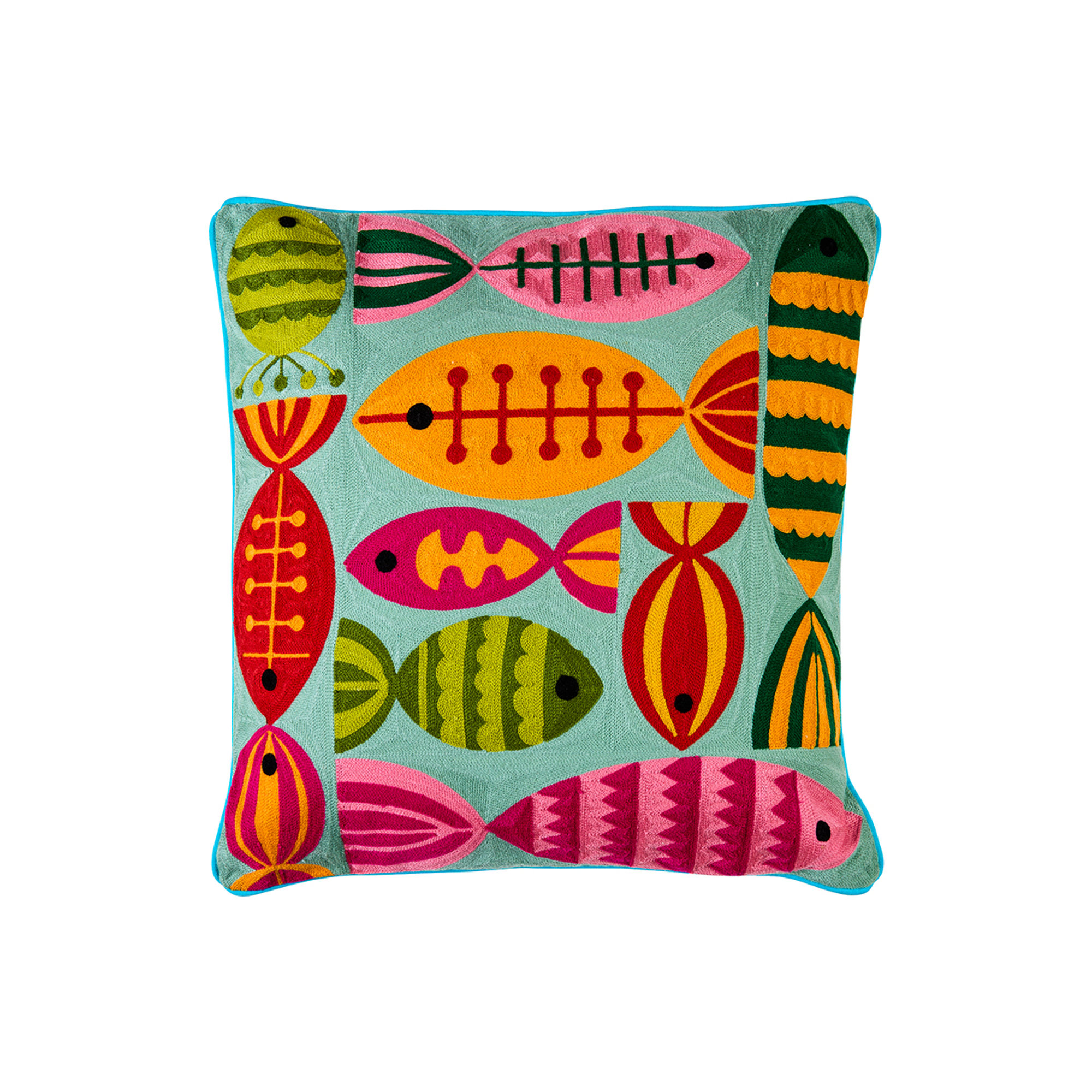 Cuscino ricamo pesci in cotone multicolor celeste - 50x50 Novità Home vista0