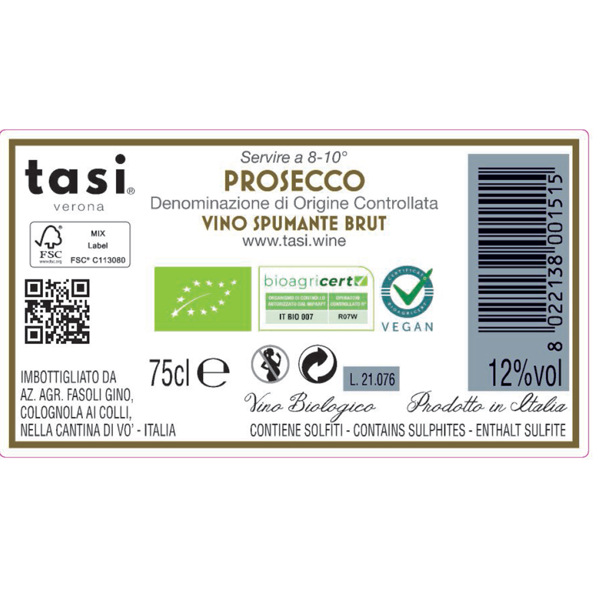 3 Bottiglie miste Le Cave: 2 x TASI Garganega Spumante Brut 2019 millesimato - 1 x TASI Prosecco DOC Spumante 2019 Tasi vista2