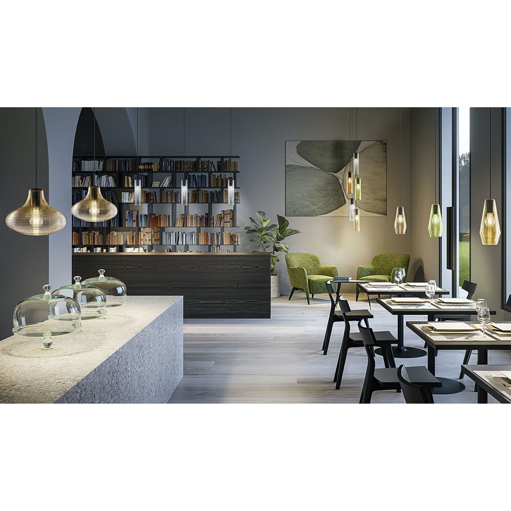 Emma - Lampada a sospensione base ottone nero/diffusore vetro soffiato cristallo Panzeri luce vista5