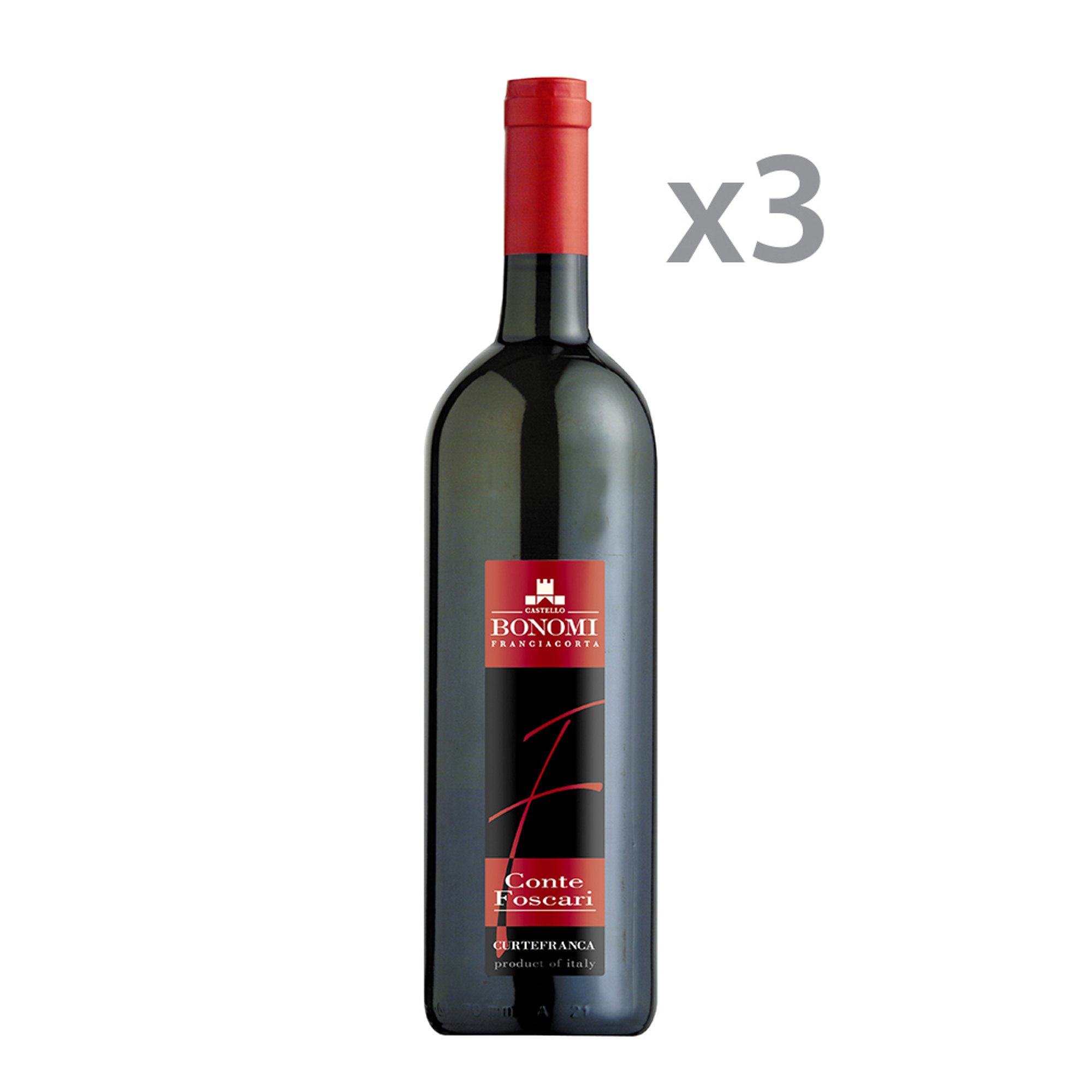 3 bottiglie Conte Foscari Sebino IGP Rosso Castello Bonomi vista1