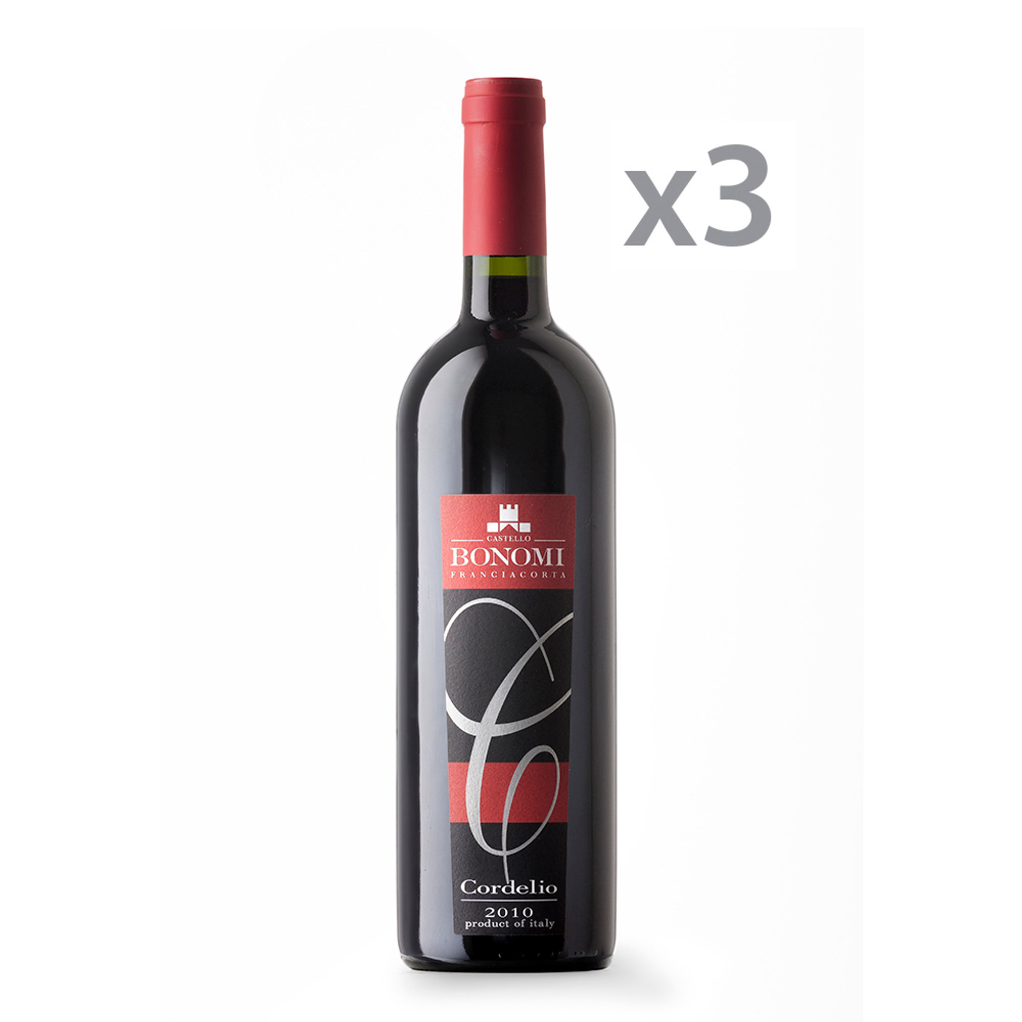 3 bottiglie Cordelio Curtefranca DOC Rosso 2011 Castello Bonomi vista0