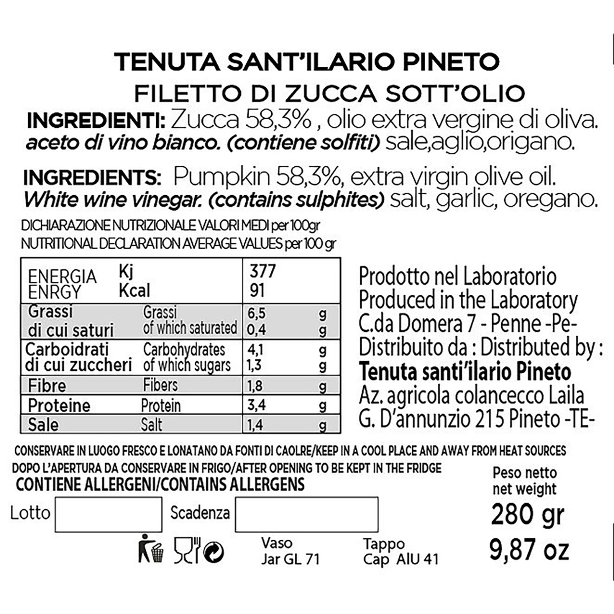 Conserve - Filetti di Zucca, vasetto in vetro con coperchio in ceramica 280 gr Tenuta Sant'Ilario vista1