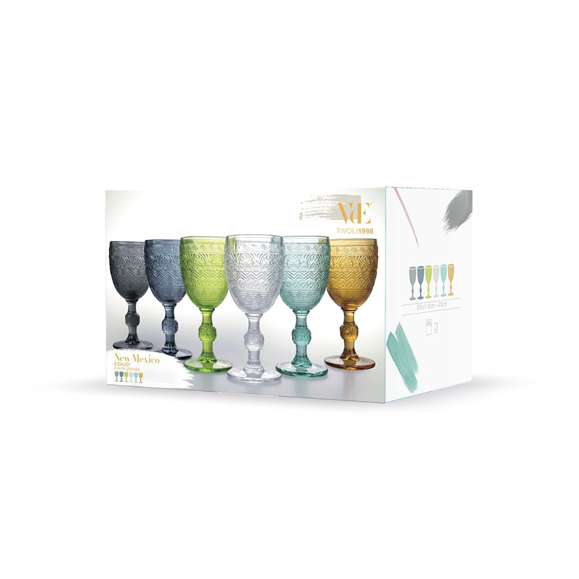 Set med 6 glas 210 ml i färgat glas, reliefarbete, Mexico Villa D'Este Home Tivoli 1996 vista10