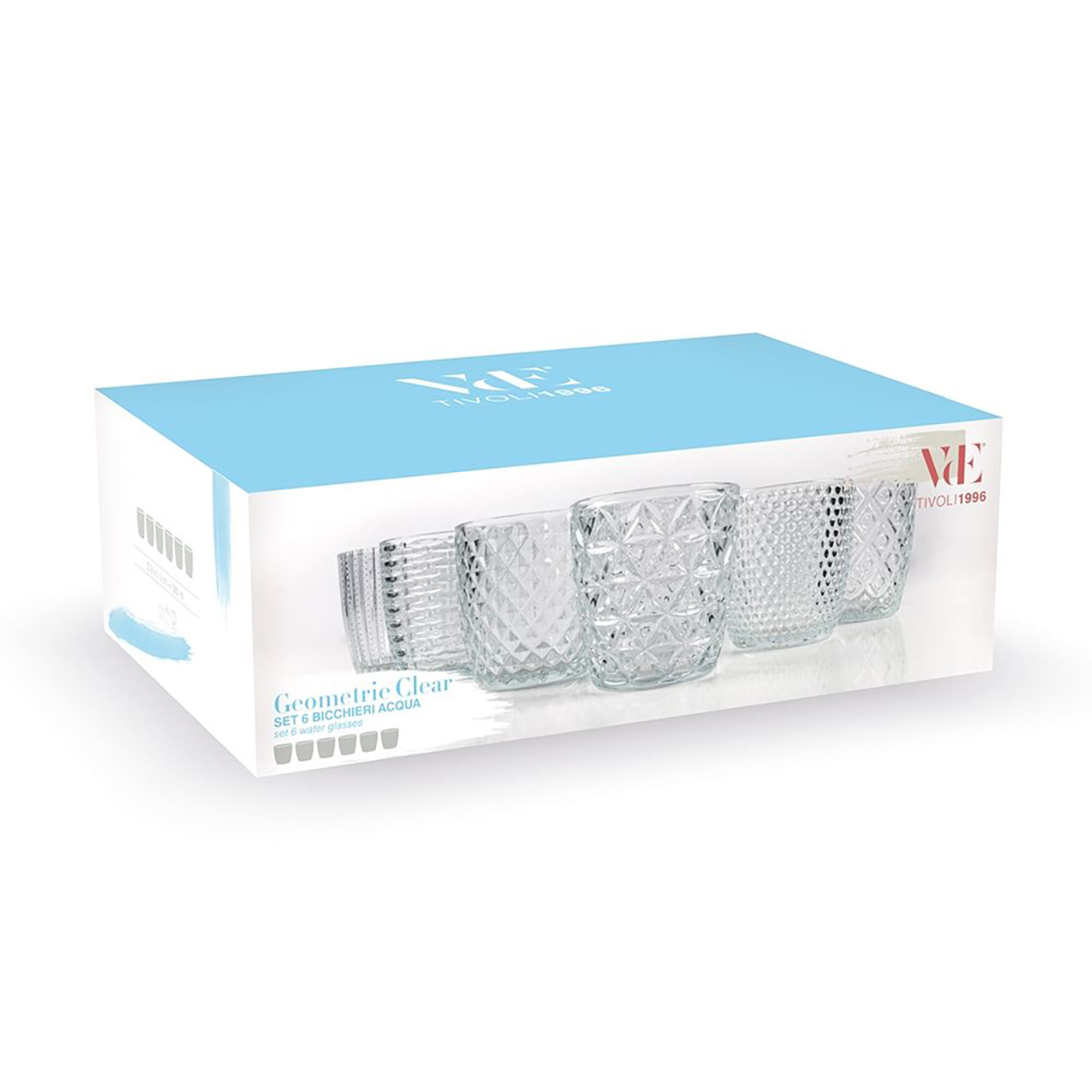 Set 6 bicchieri acqua 380 ml in vetro, superficie lavorata a rilievo, Geometrie Clear Villa D'Este Home Tivoli 1996 vista8