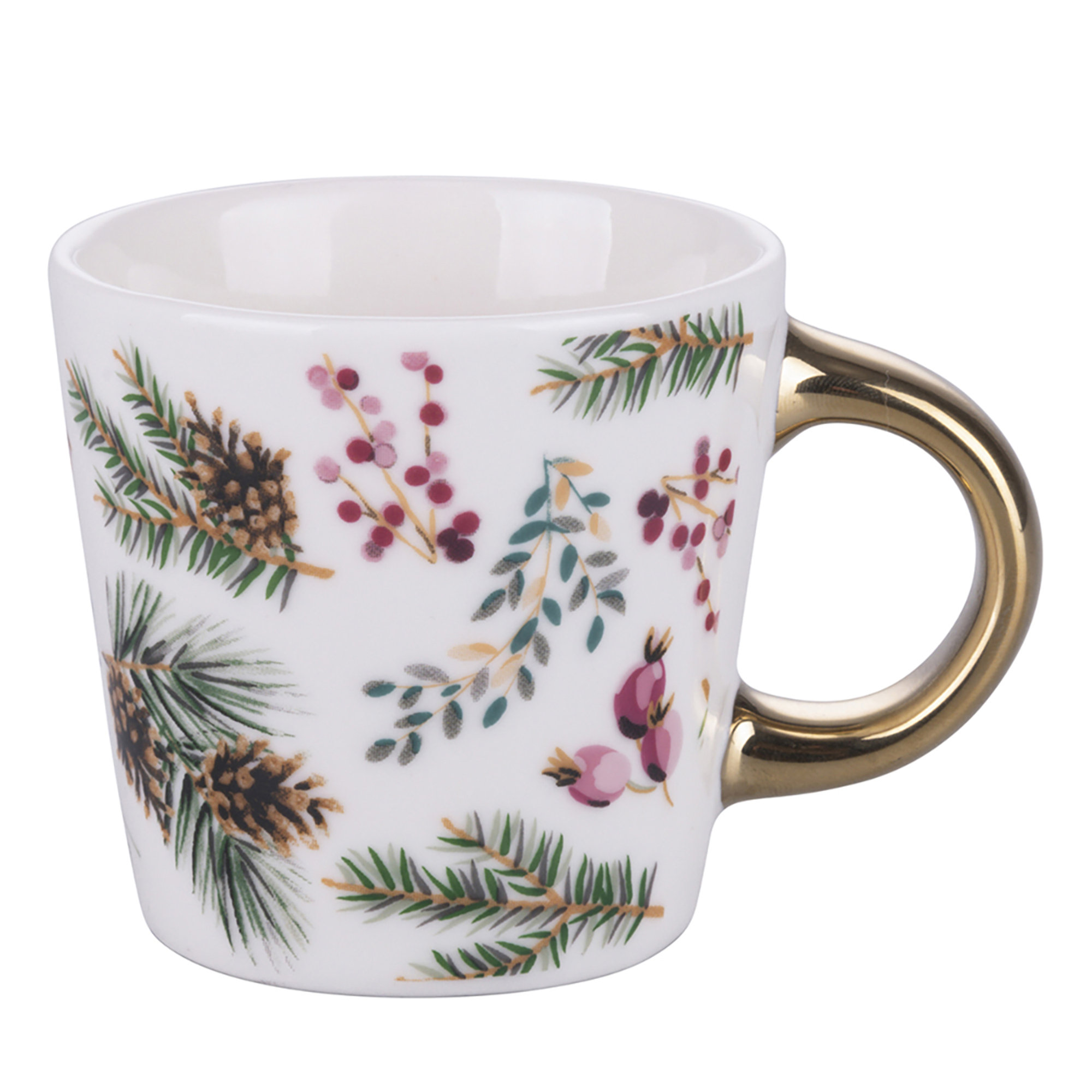 Ensemble de 6 tasses à café de Noël 90 ml, décorées de branches de pin, baies et cônes de pin, avec une poignée dorée confortable, en porcelaine nouvelle, houx Villa D'Este Home Tivoli 1996 vista3