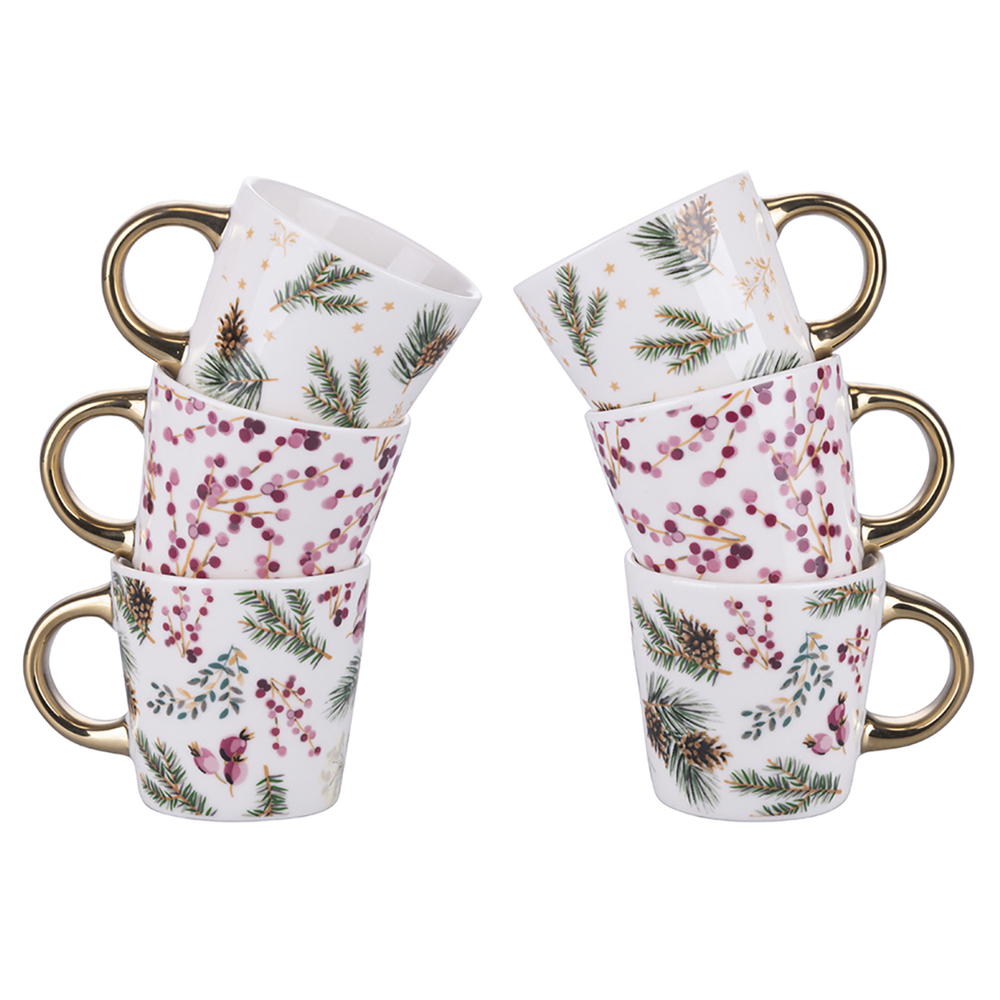 Ensemble de 6 tasses à café de Noël 90 ml, décorées de branches de pin, baies et cônes de pin, avec une poignée dorée confortable, en porcelaine nouvelle, houx Villa D'Este Home Tivoli 1996 vista0