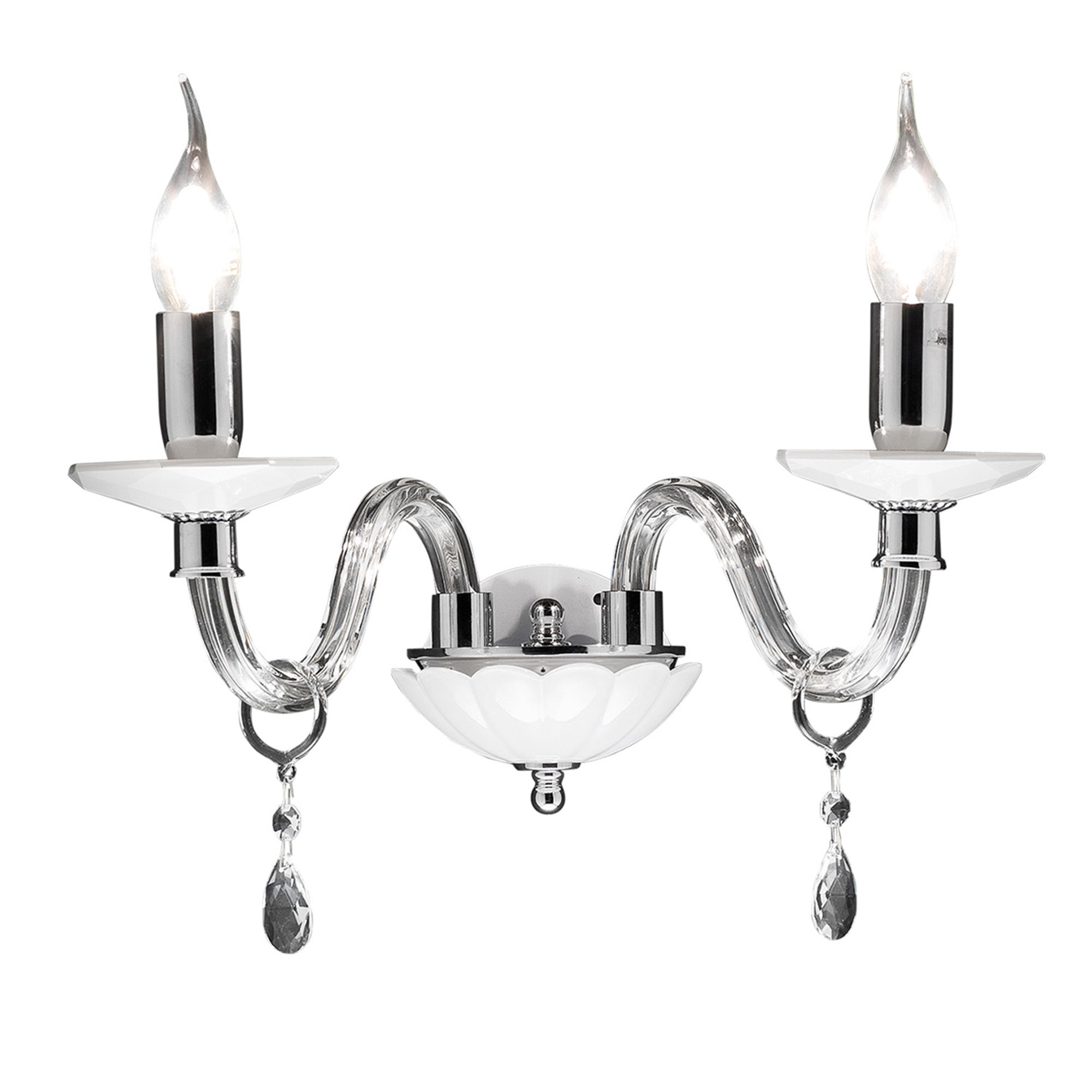 Applique Livia/2 in vetro e cristallo con finitura cromo, paralumi in tessuto shantung bianco, bianco Ondaluce vista0