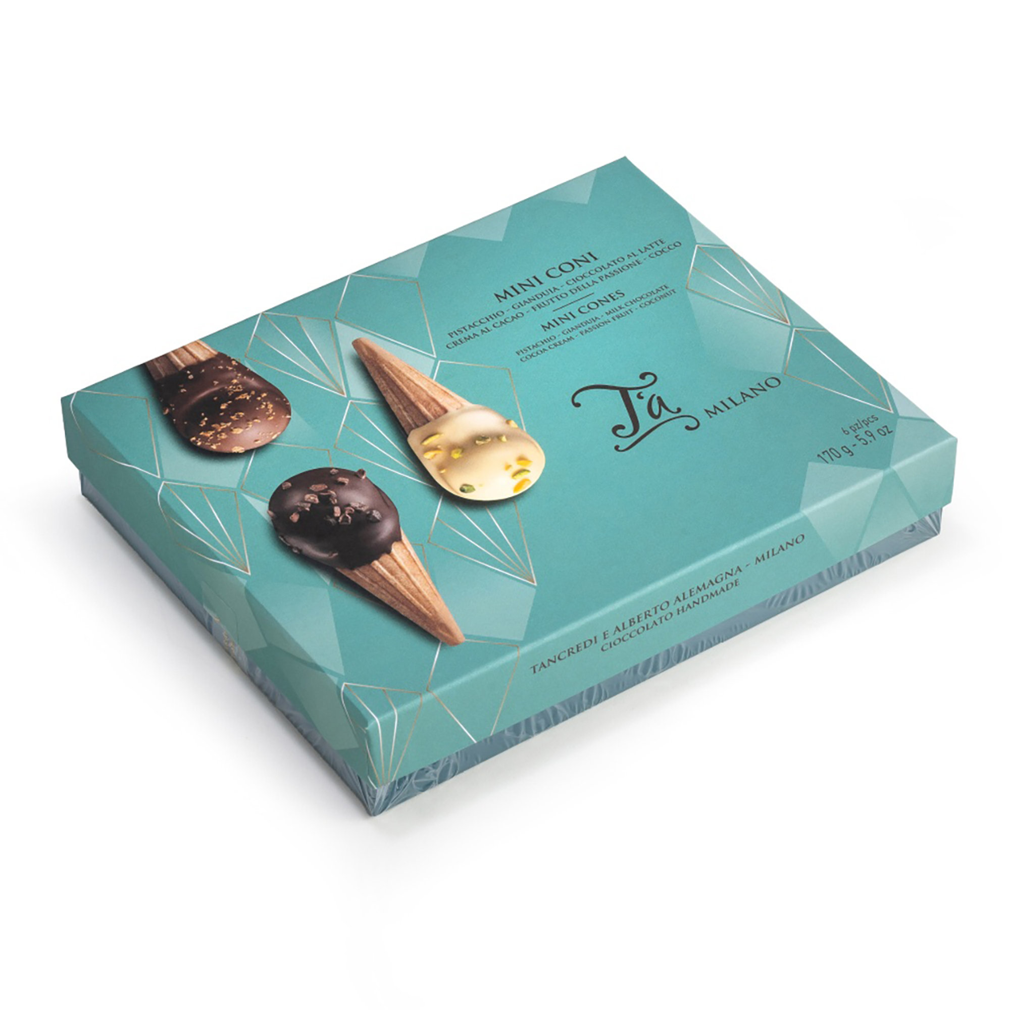 T'A Milano 6 Mini Kegler Pistacie, Gianduia, Kakaocreme, Mælkechokolade, Kokos, Passionsfrugt - 170g T'a Milano vista1