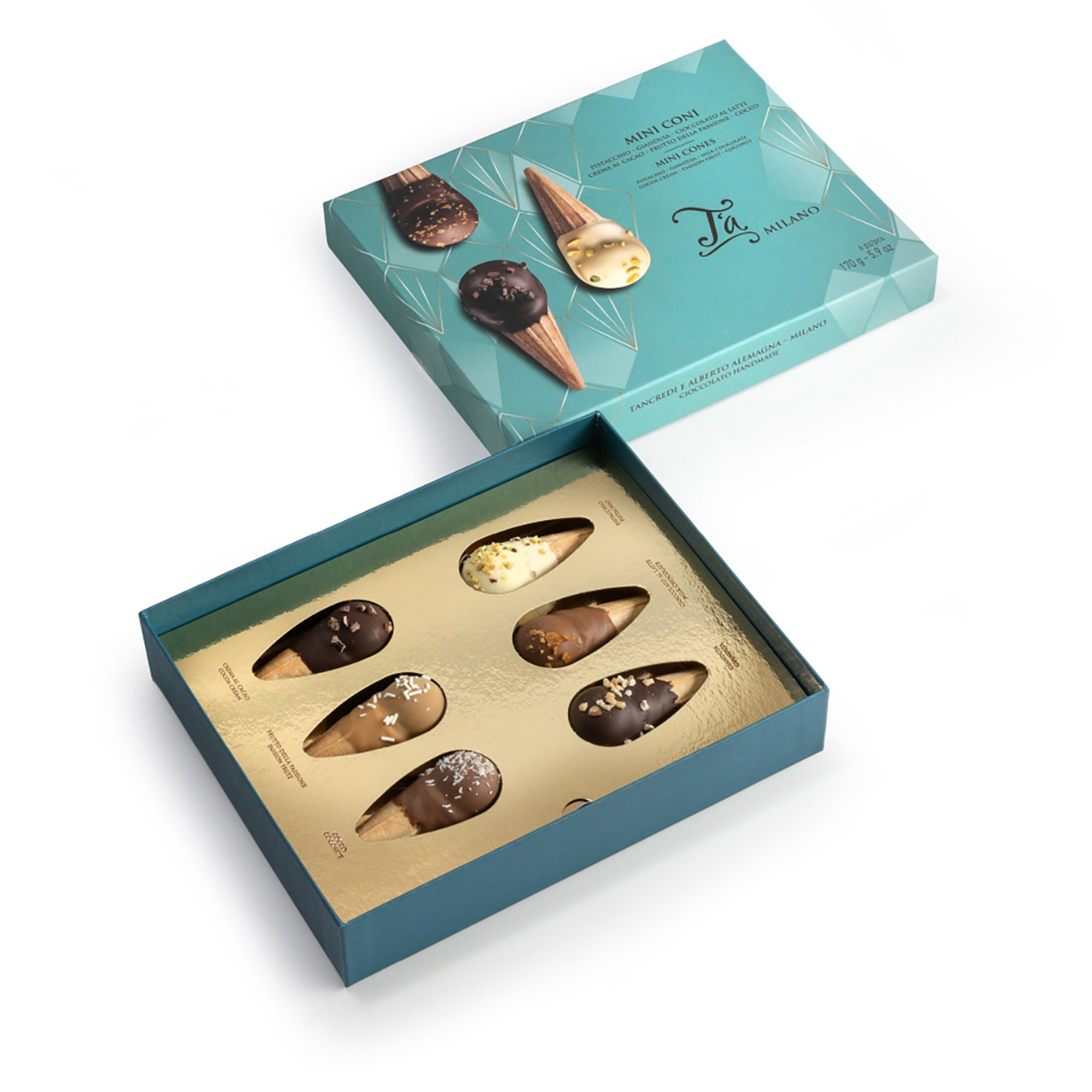 T'A Milano 6 Mini Kegler Pistacie, Gianduia, Kakaocreme, Mælkechokolade, Kokos, Passionsfrugt - 170g T'a Milano vista0