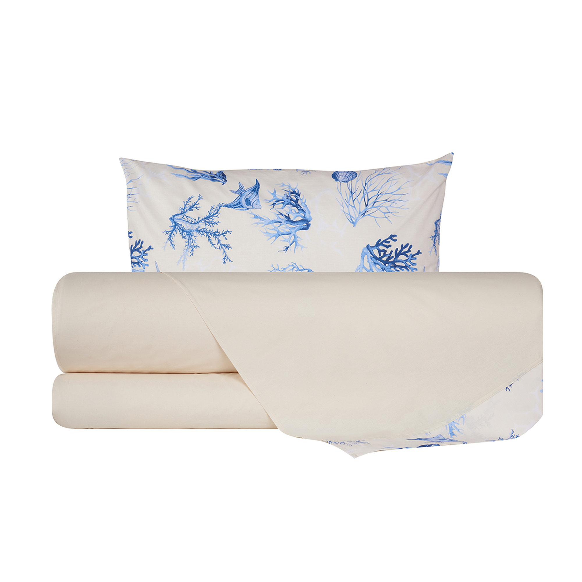 Completo Letto Cotone Panna Con Bordo 30cm Coralli Blu/Panna Coralli sotto le stelle vista1