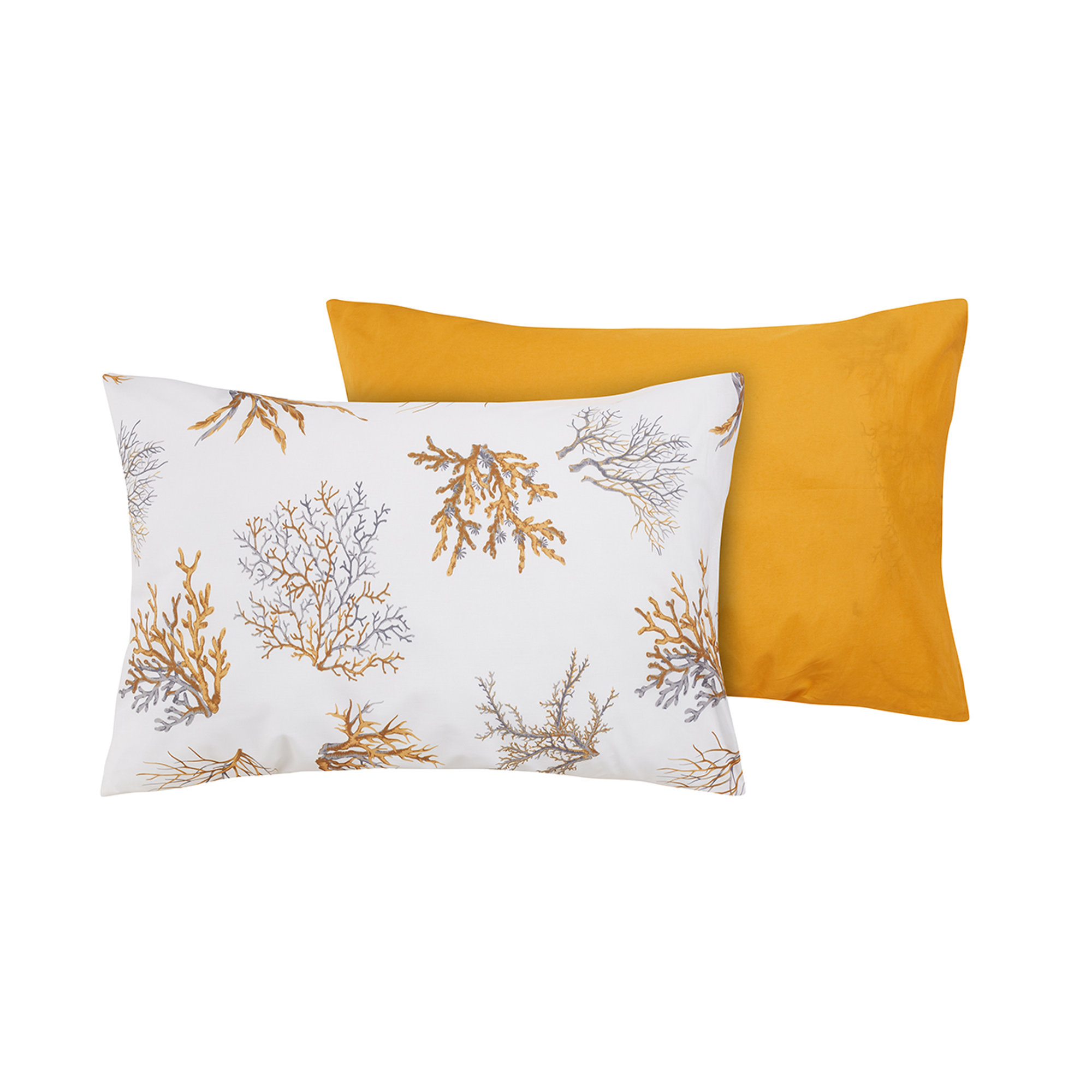 Completo Letto Cotone Lenzuolo Senape con Bordo Corallo Ocra Su fondo Bianco Coralli sotto le stelle vista6