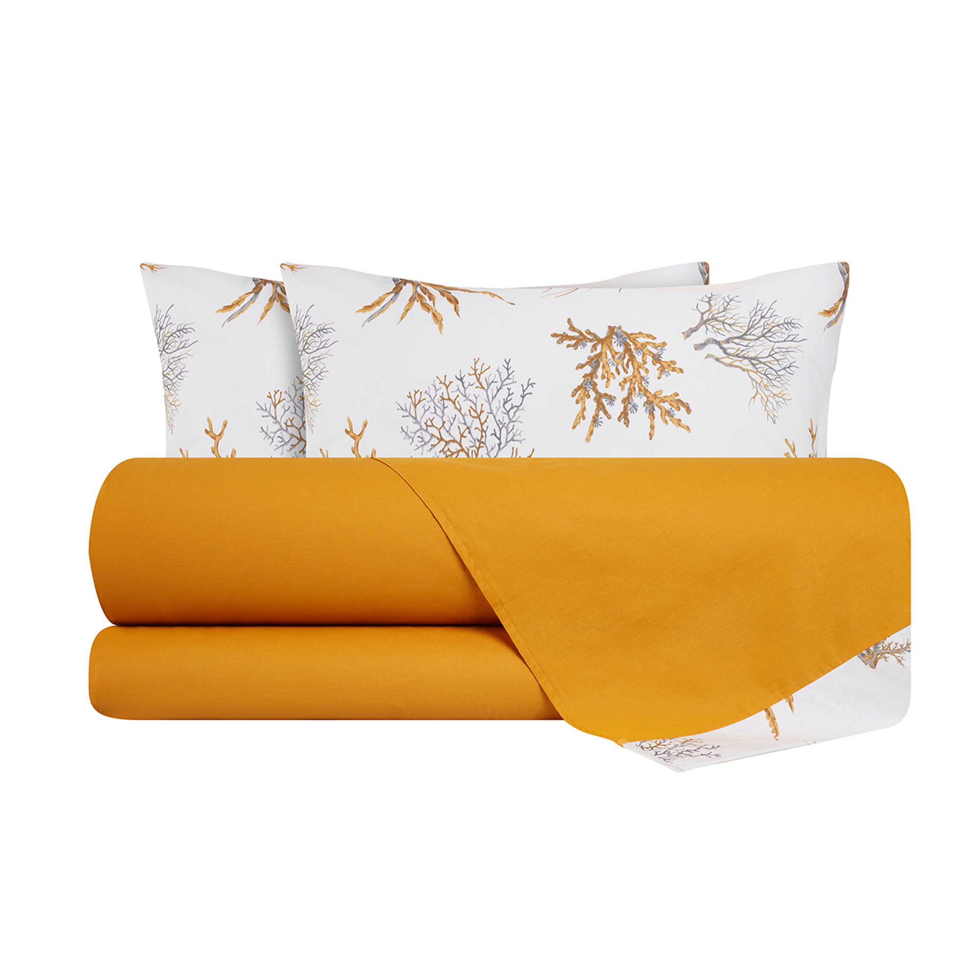 Completo Letto Cotone Lenzuolo Senape con Bordo Corallo Ocra Su fondo Bianco Coralli sotto le stelle vista0