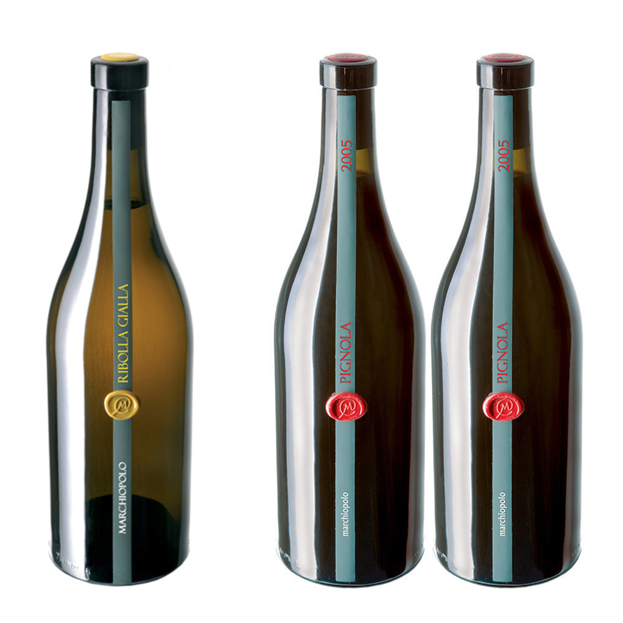 3 bottiglie miste: 2 Pignola 2005 - 1 Ribolla Gialla 2015 Marchiopolo vista0