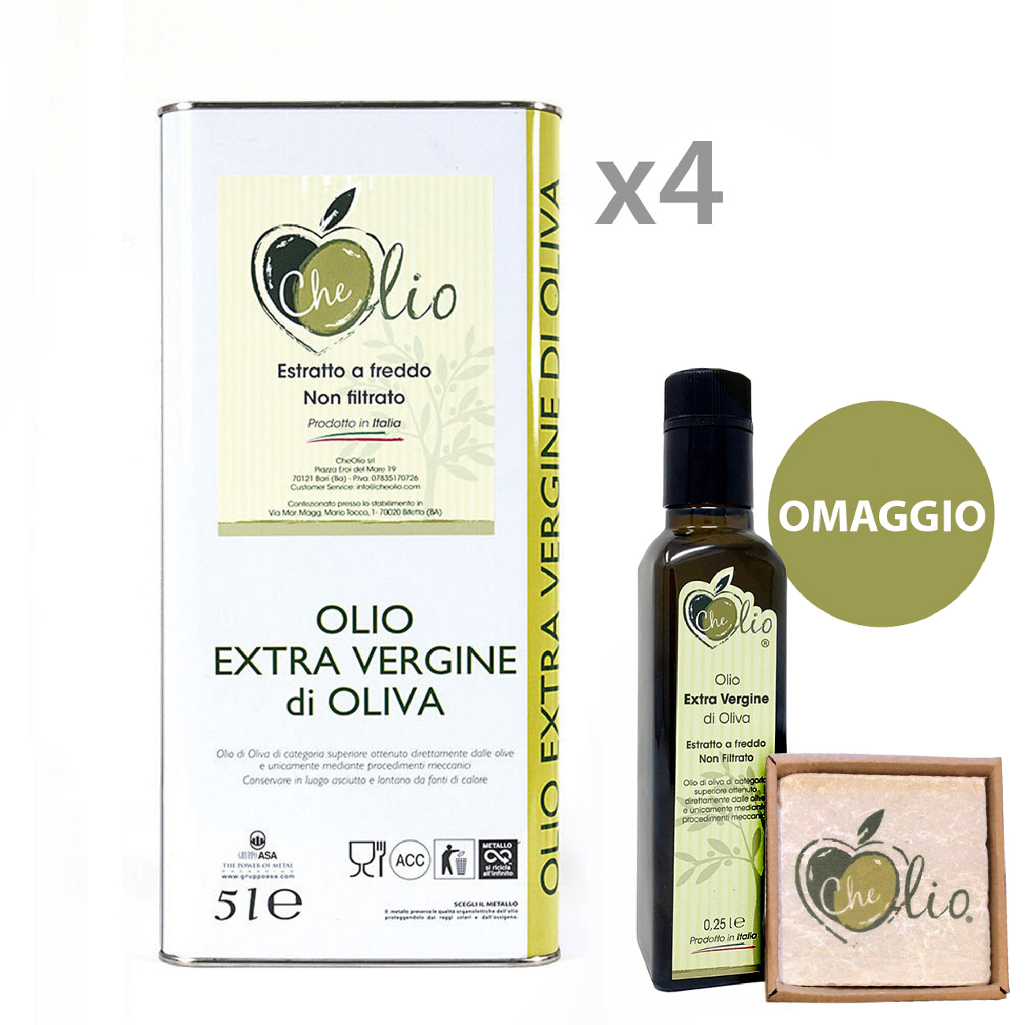 4 latte da 5 lt di olio extravergine d'oliva estratto a freddo e non filtrato + 1 bott. OMAGGIO Olio Extravergine d'Oliva 250 ml + 1 sottobottiglia OMAGGIO Che Olio vista0