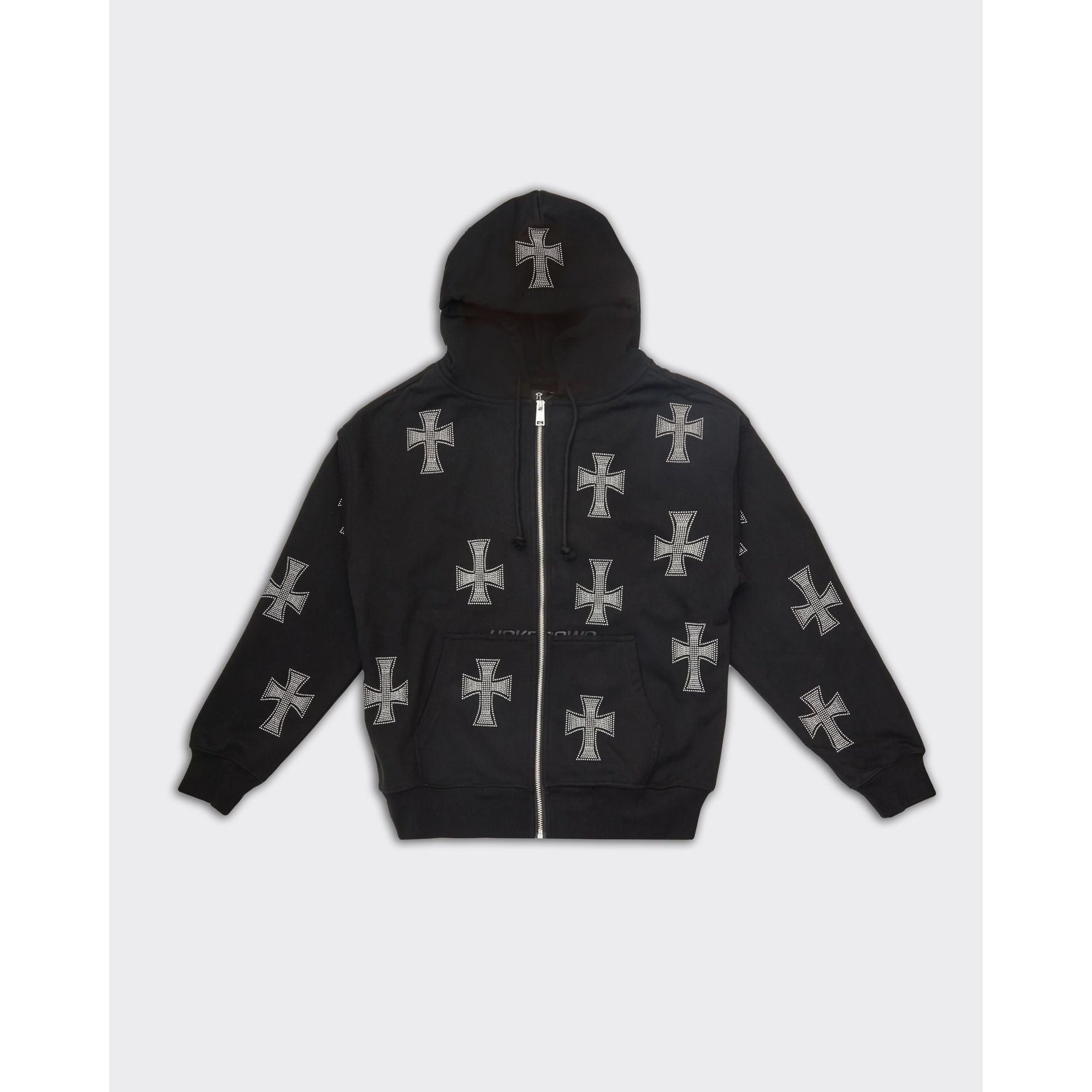 Felpa Con Cappuccio Cross Rhinestone Zip Nera Unknown London vista0
