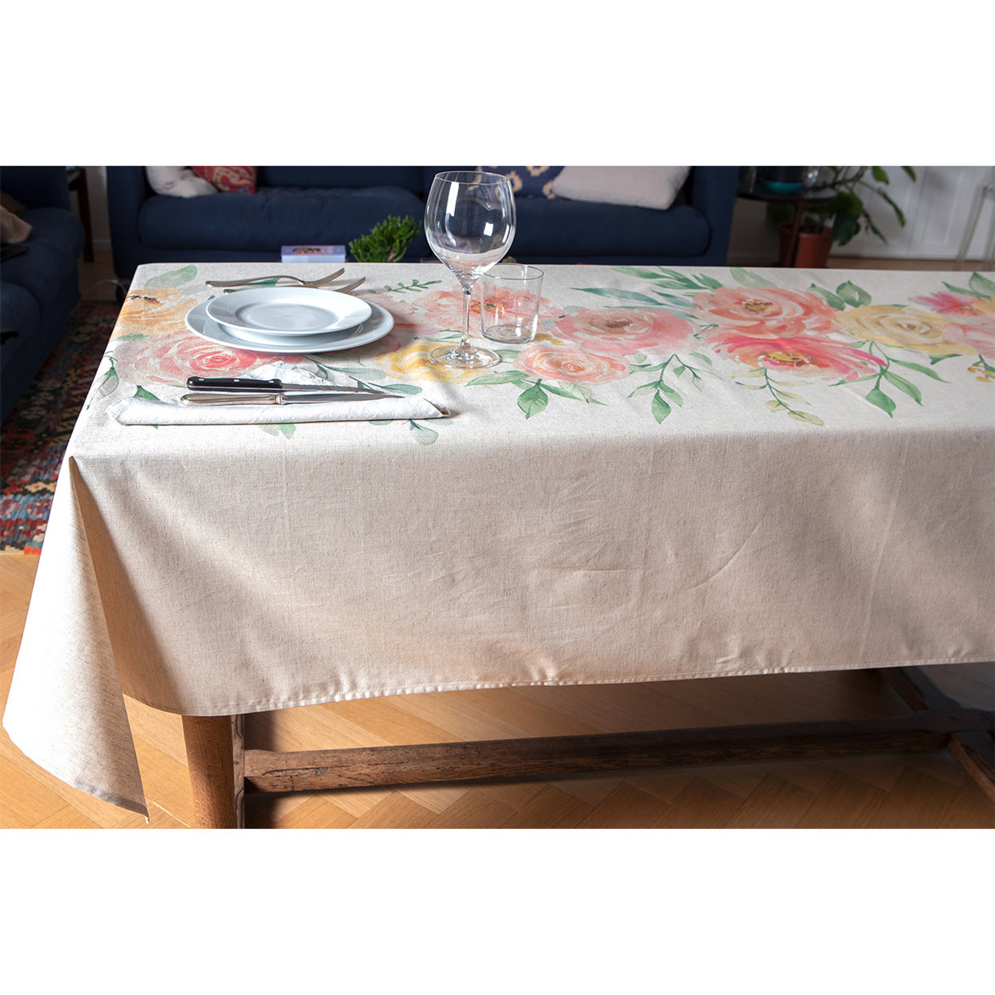 Tischdecke Mischgewebe Naturleinen Bedruckt Blumen Rosa Tovaglie & Runner vista1