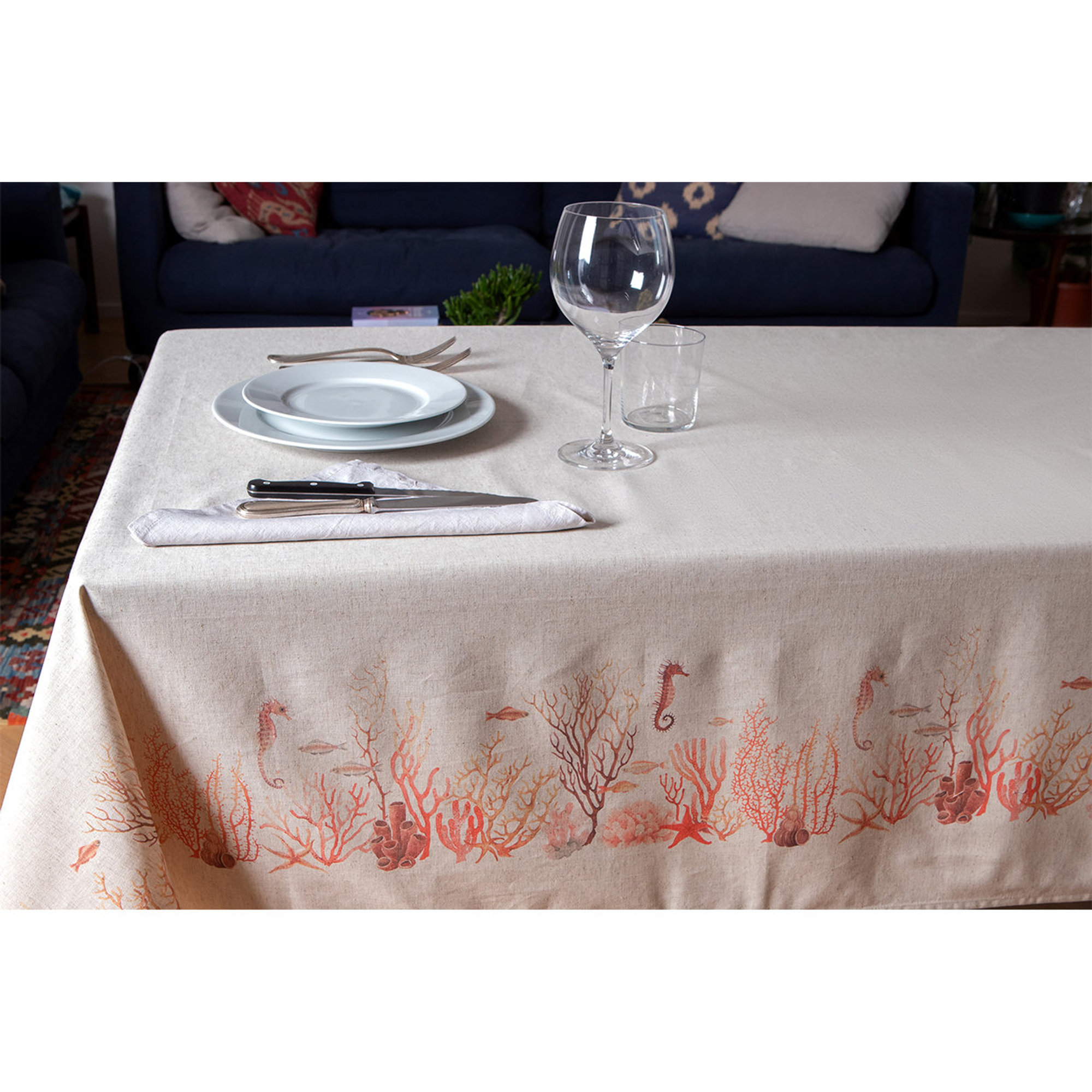 Tovaglia Misto Lino Naturale Stampato Fondo Marino Rosso Tovaglie & Runner vista4