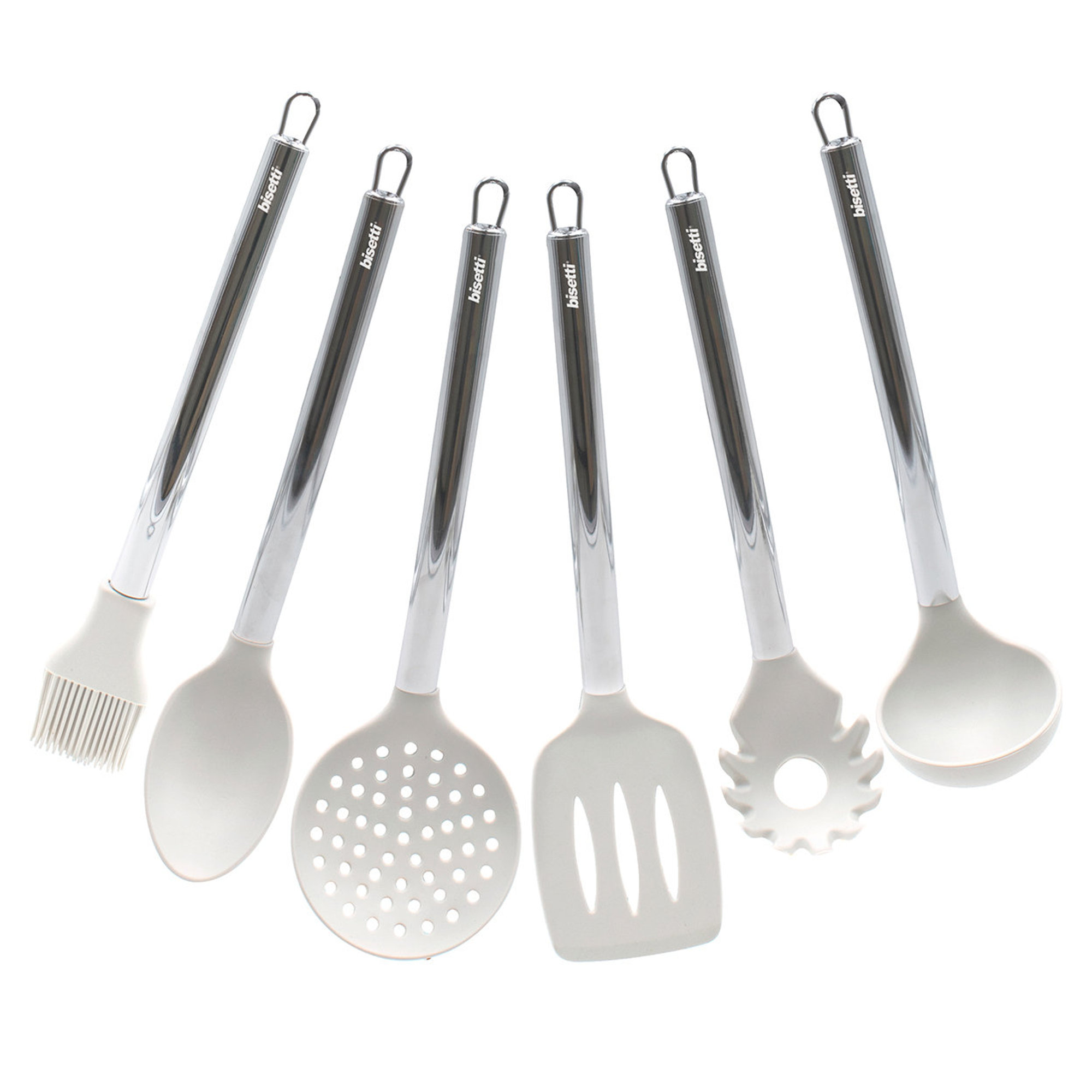 Set de 6 piezas de utensilios de cocina de silicona blanca piedra con soporte de metal. Bisetti vista1