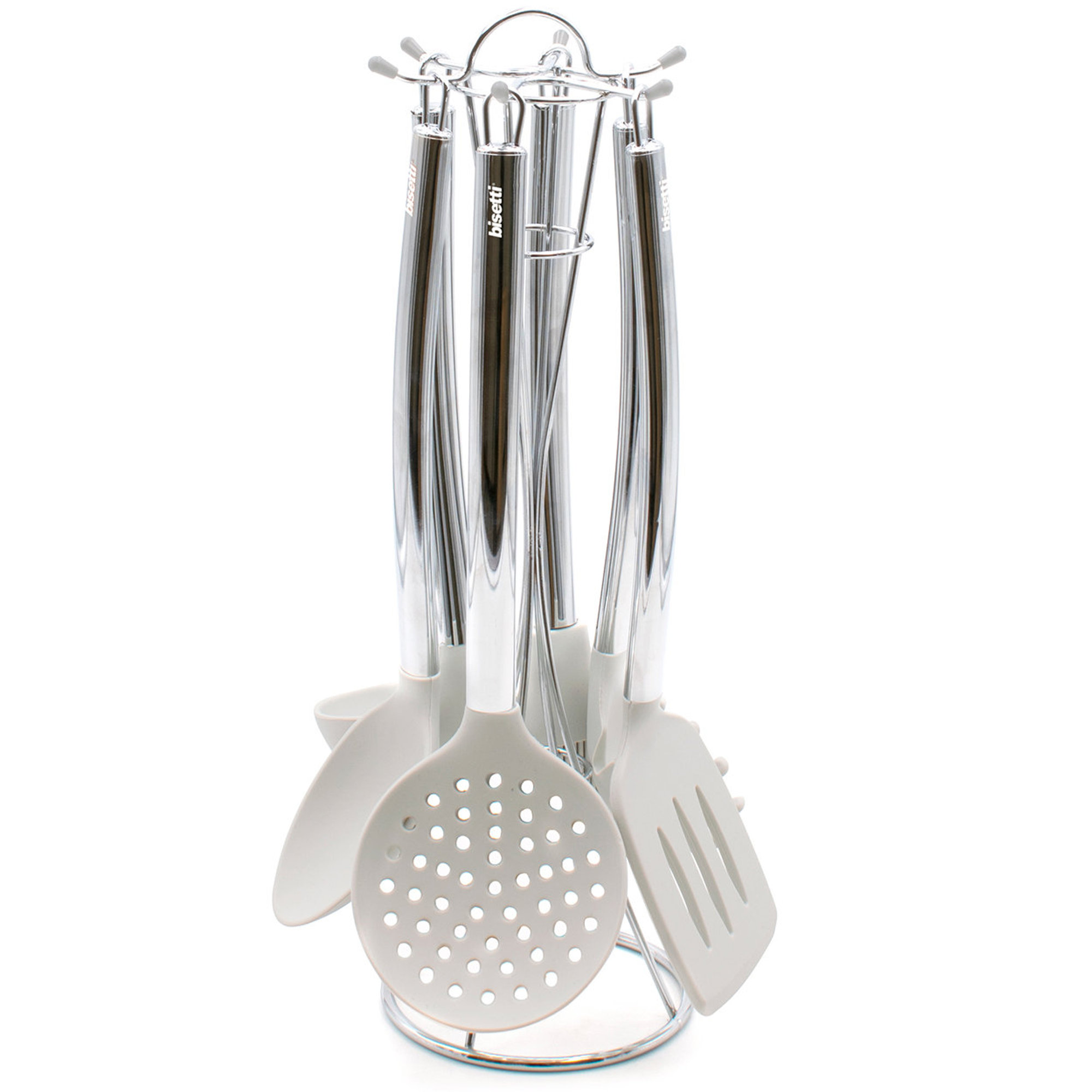 Set de 6 piezas de utensilios de cocina de silicona blanca piedra con soporte de metal. Bisetti vista5