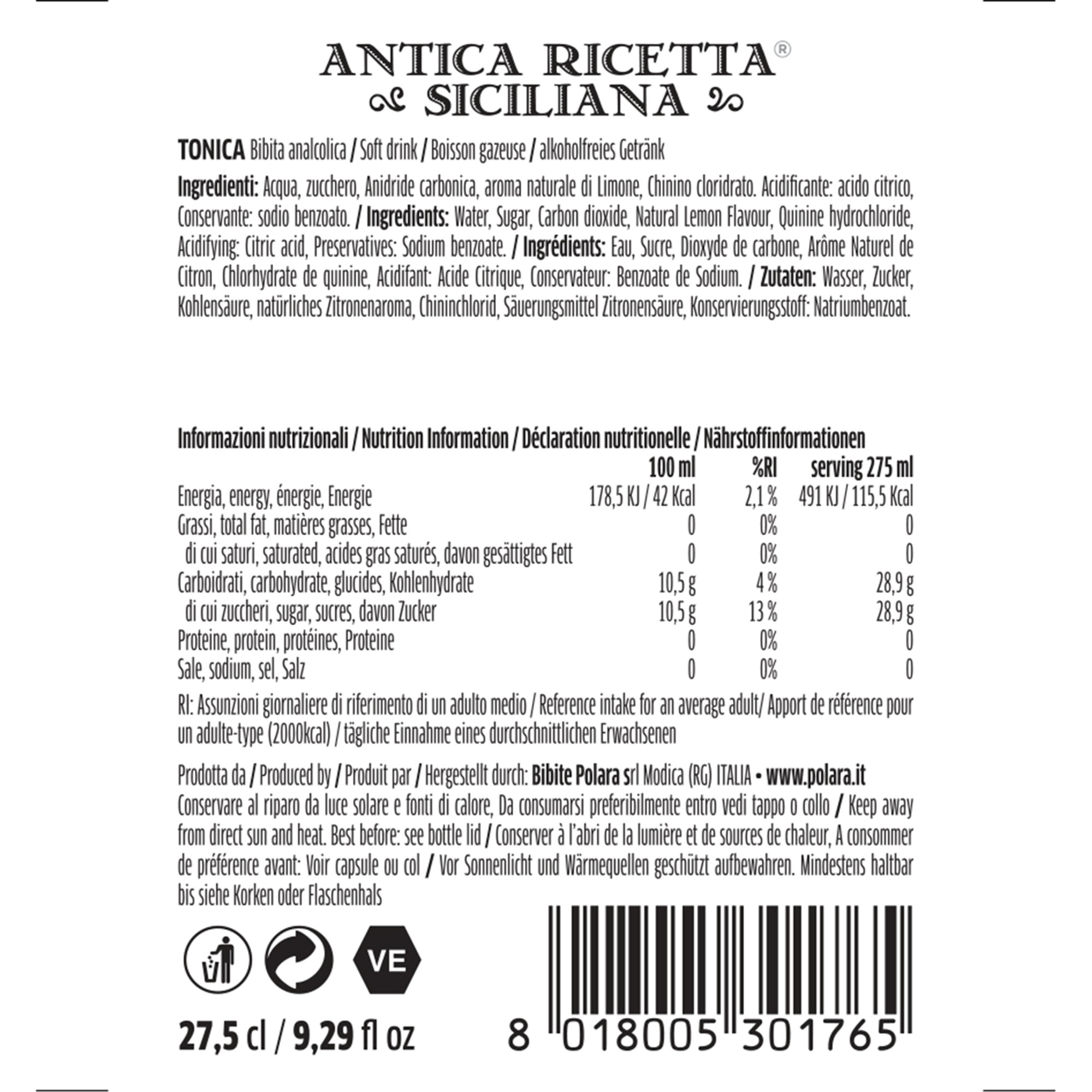 24 bottiglie da 27,5 cl - Tonica Antica Ricetta Siciliana Polara vista1