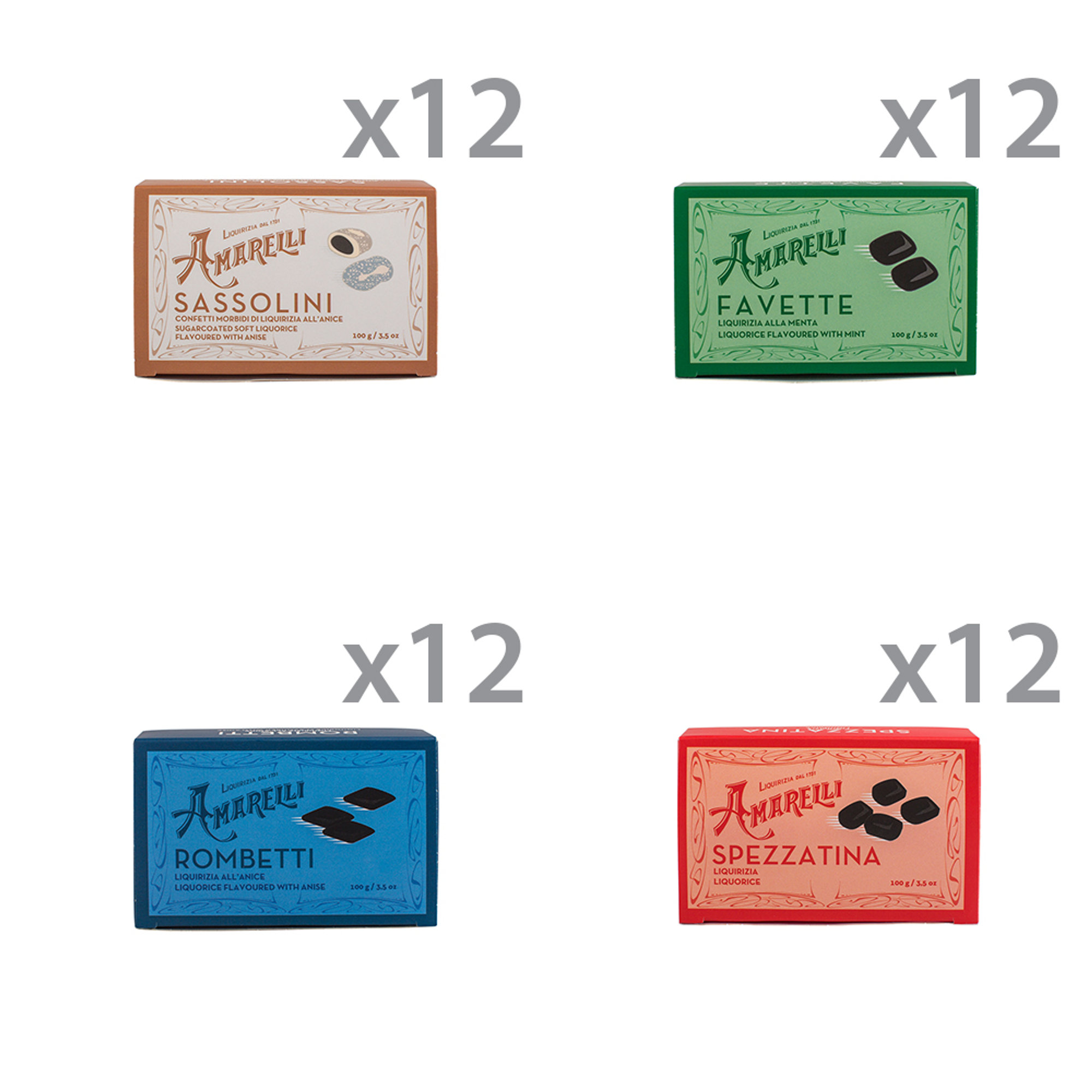 48 confezioni miste: 12 Spezzatina - 12 Rombetti - 12 Favette - 12 Sassolini Amarelli vista0