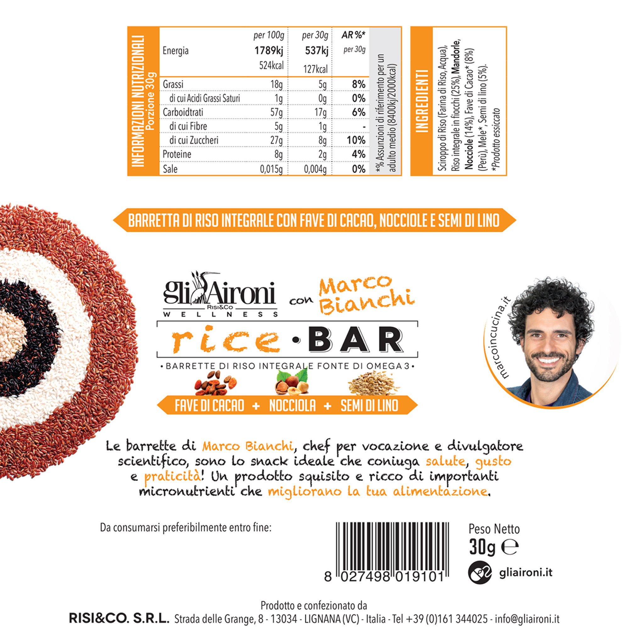 40 barrette riso integrali nocciole e fave di cacao Gli Aironi vista1