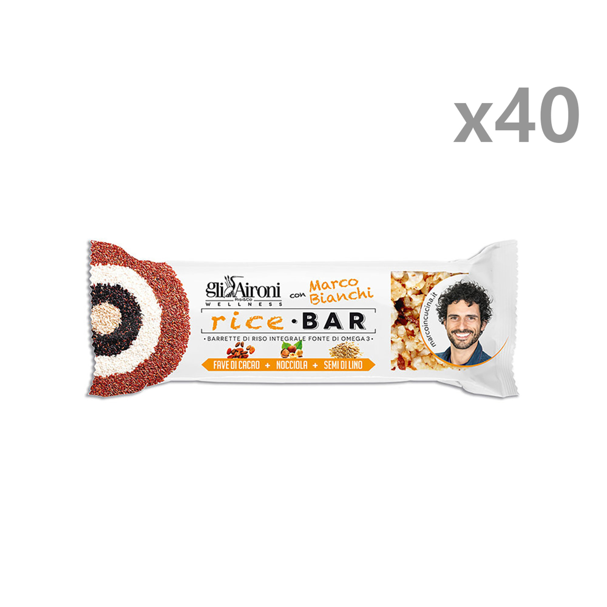 40 barrette riso integrali nocciole e fave di cacao Gli Aironi vista0