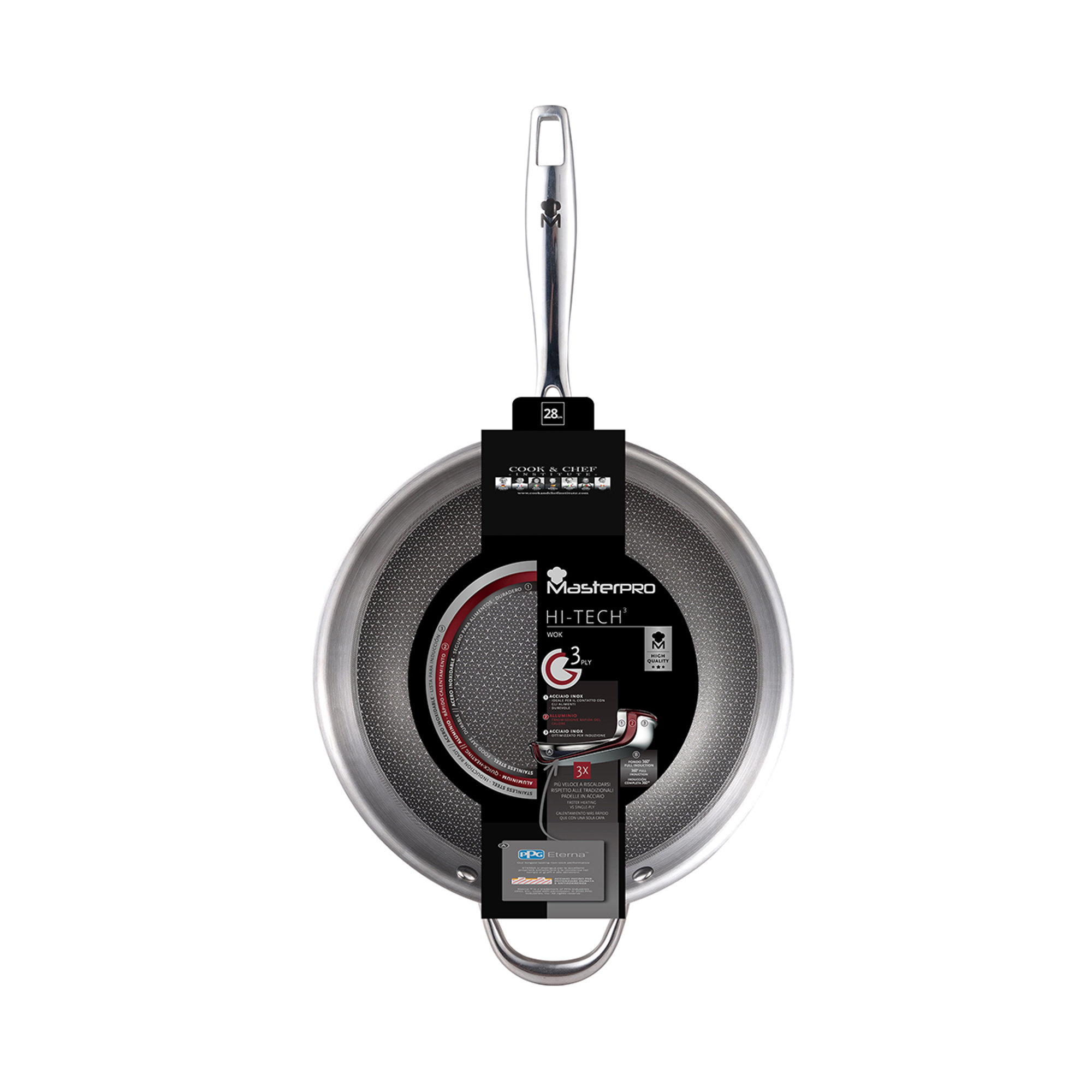 Wok senza coperchio 28x8,0cm SS lucido c/maniglia lunga in acciaio fuso + maniglia laterale a tubo HI-TECH 3 Masterpro MASTERPRO vista5
