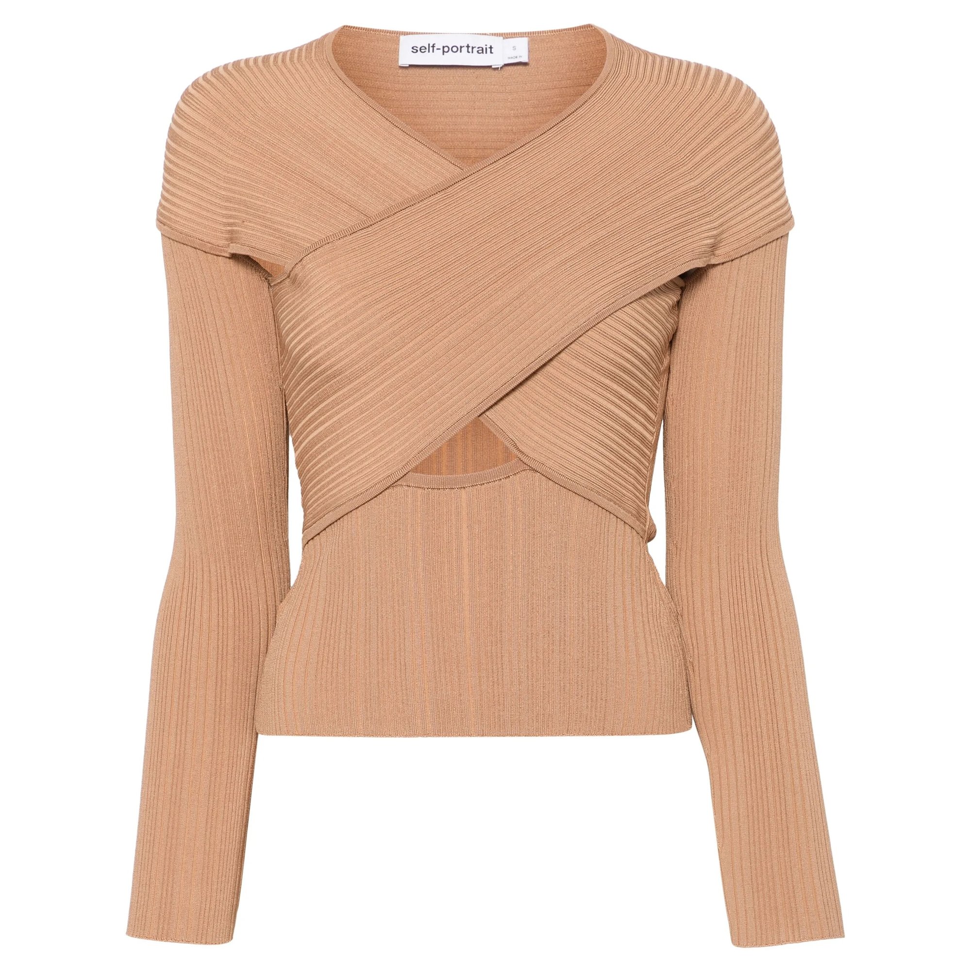 Beige Ribbed Knit Wrap Top Ss25166tbg SELF-PORTRAIT vista0
