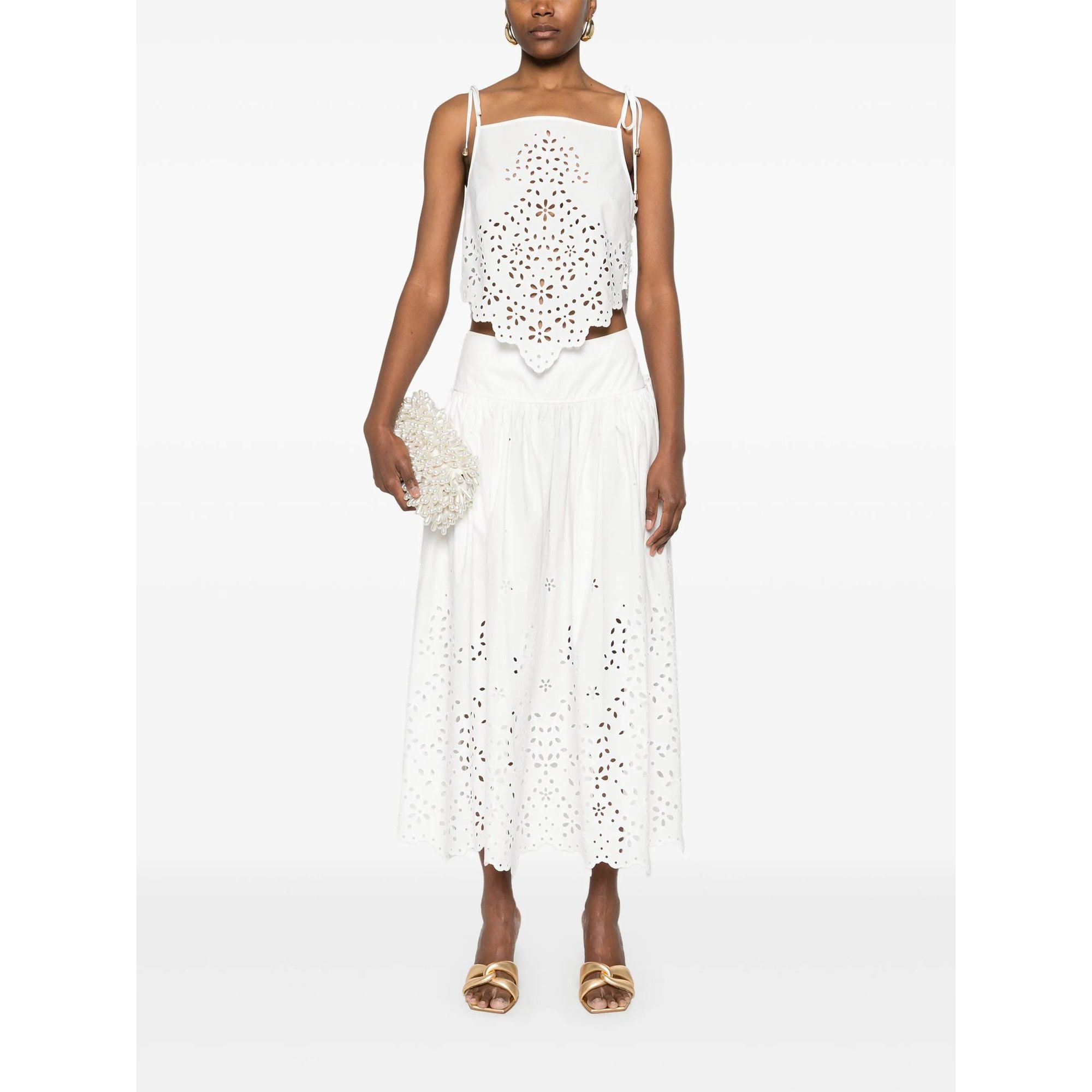 White Cotton Embroidered Midi Skirt Ss25137mskw SELF-PORTRAIT vista1