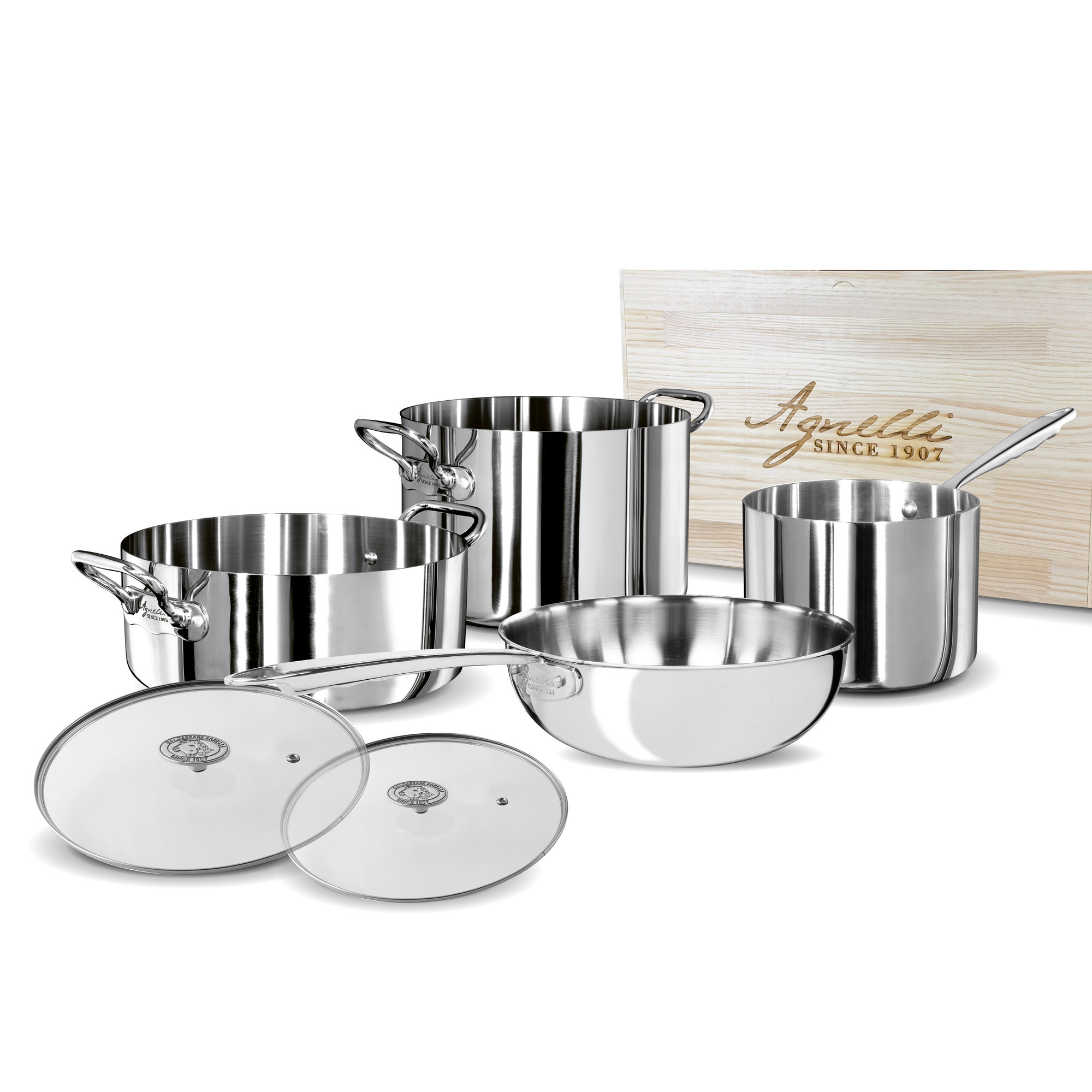 Set Alu-inox 3ply con scatola in legno6 pezzi Pentole Agnelli vista0