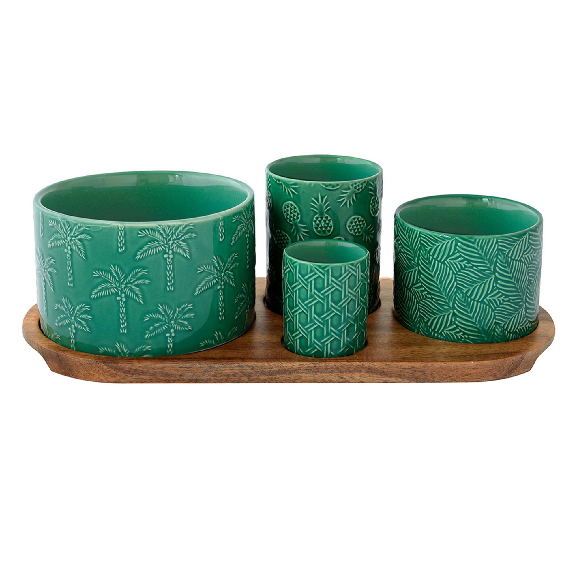 Ensemble d'apéritif avec 4 bols ronds en porcelaine sur plateau en acacia dans boîte couleur TROPICANA Easy life vista0