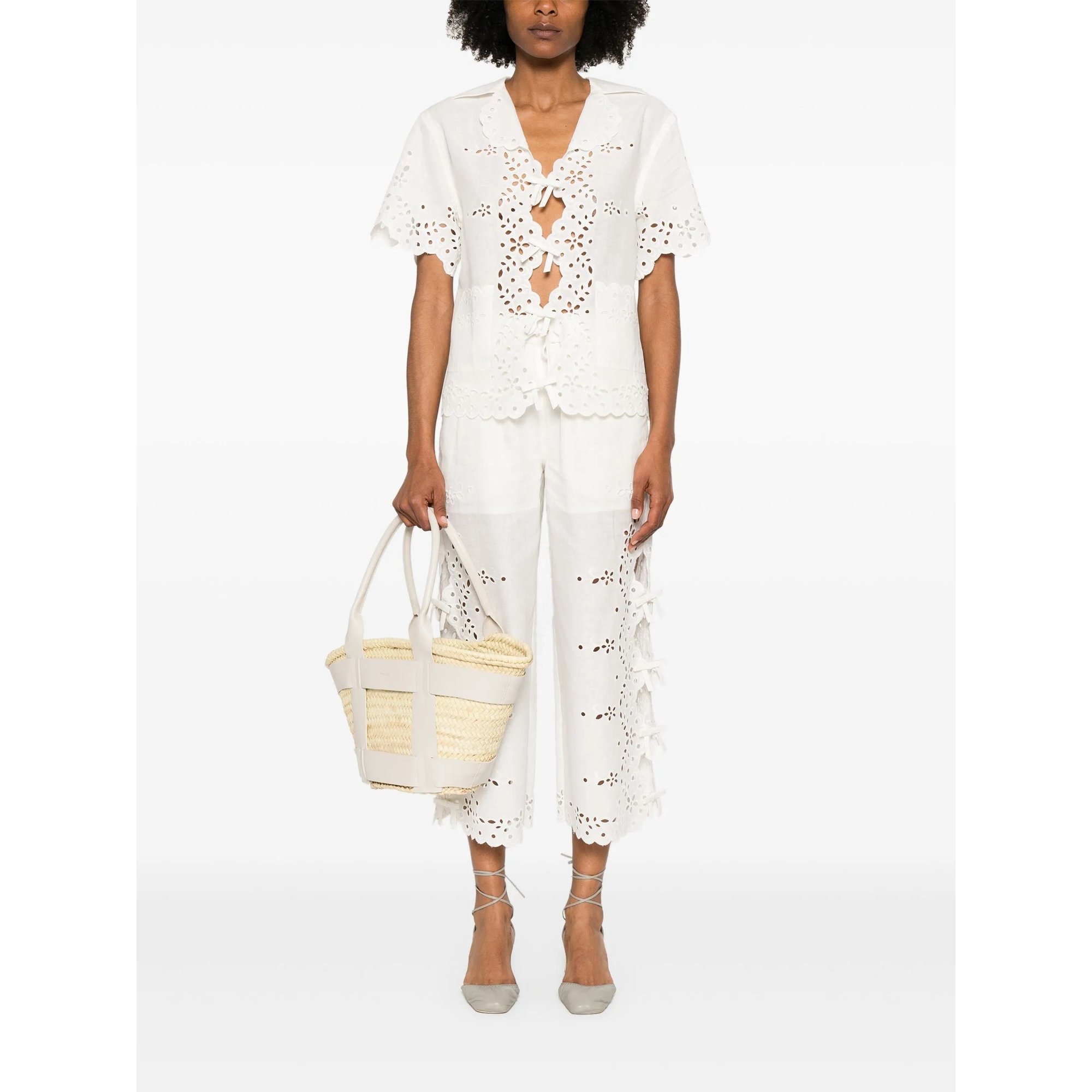 Cream Linen Embroidered Trousers SELF-PORTRAIT vista1