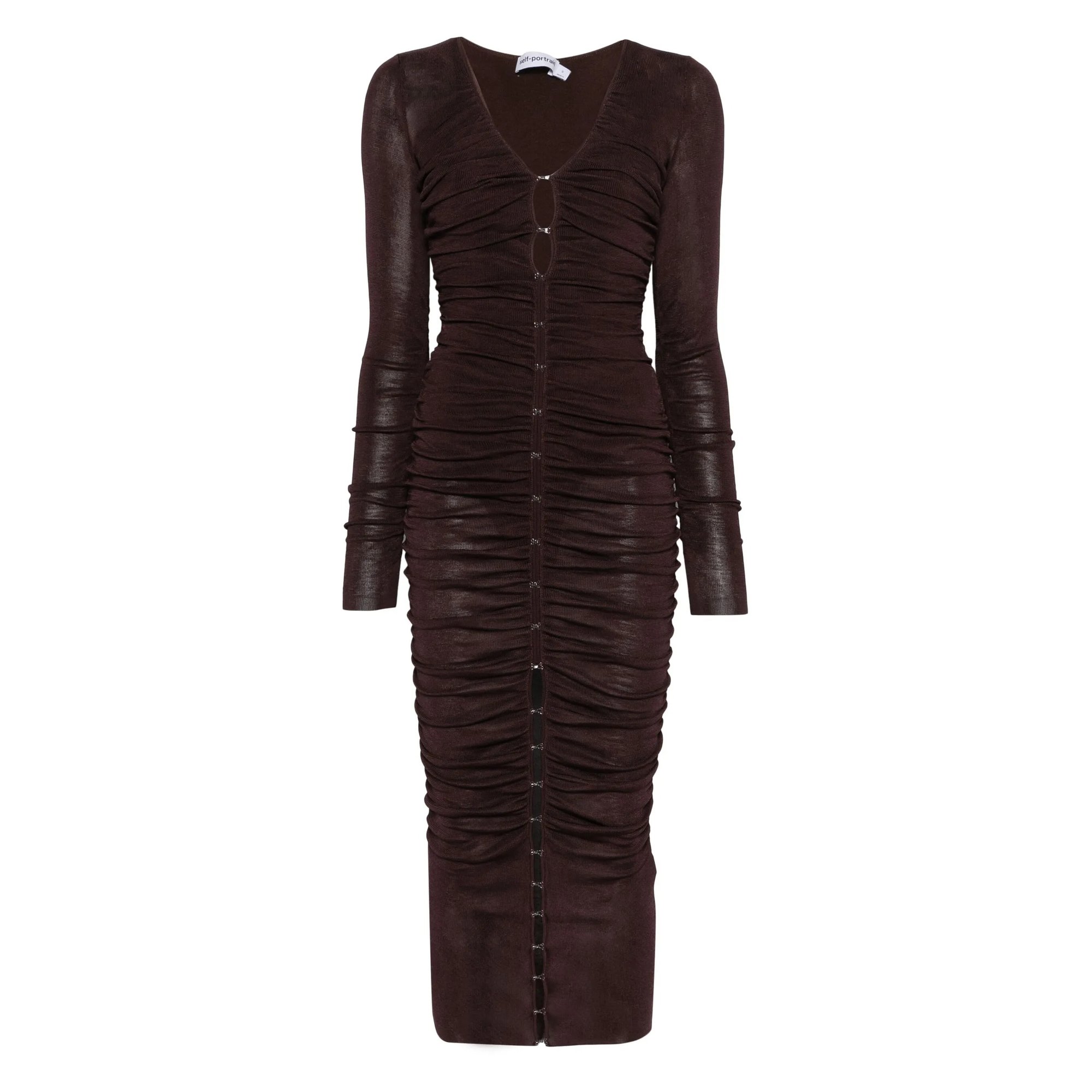Brown Gathered Viscose Knit Midi Dress SELF-PORTRAIT vista0